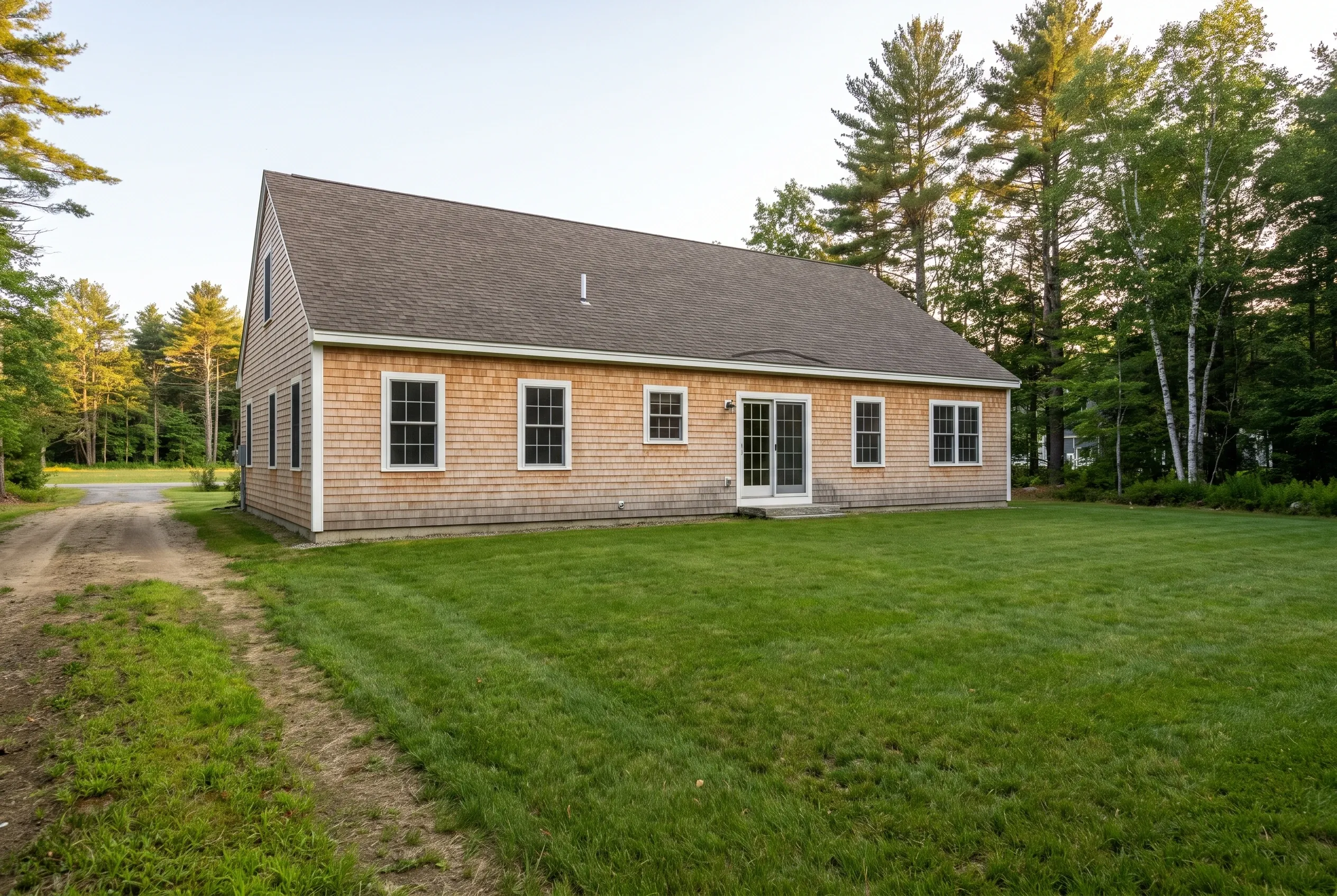 Cedar-shingled single-story house with an open lawn, a dirt path, and surrounding pine and birch trees, with no deck present