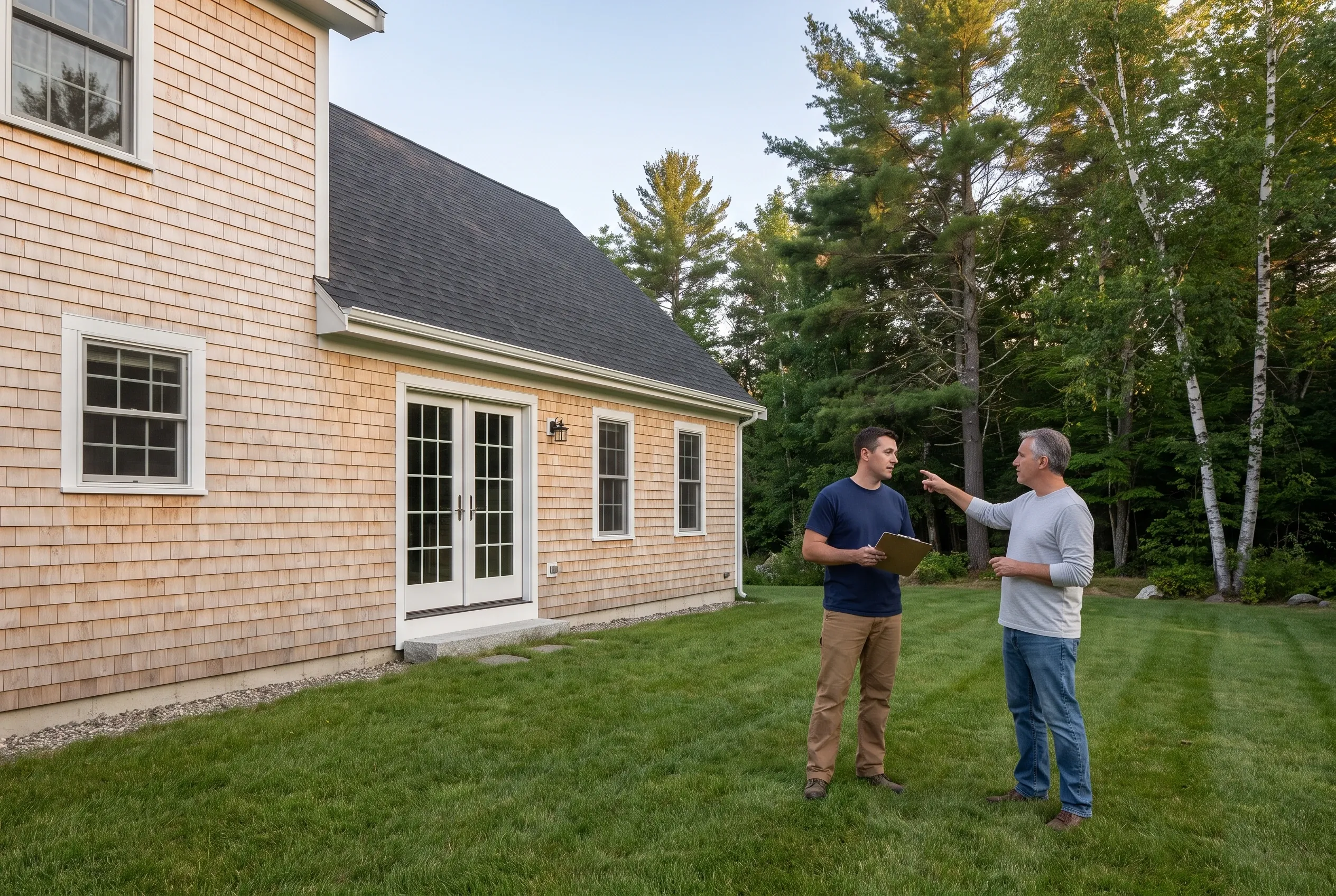 Two men talking in a backyard beside a shingled house, one holding a clipboard while the other points toward the house