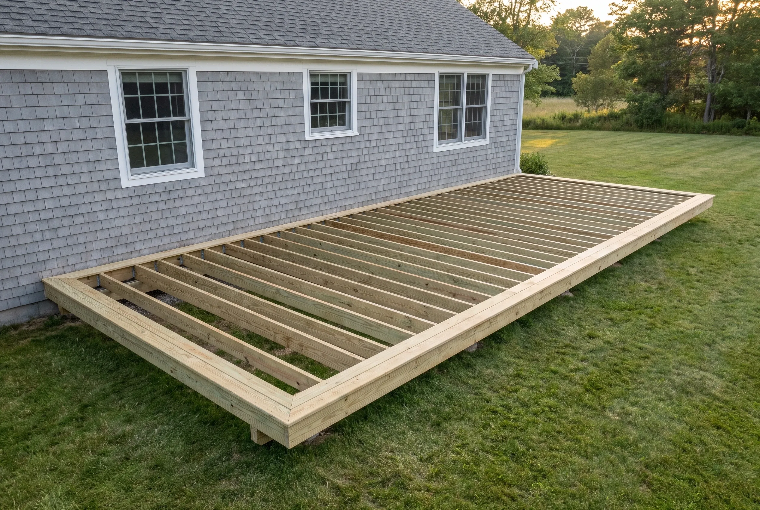 Undecked wood deck frame with rim boards and evenly spaced joists set on grass beside a gray shingled house