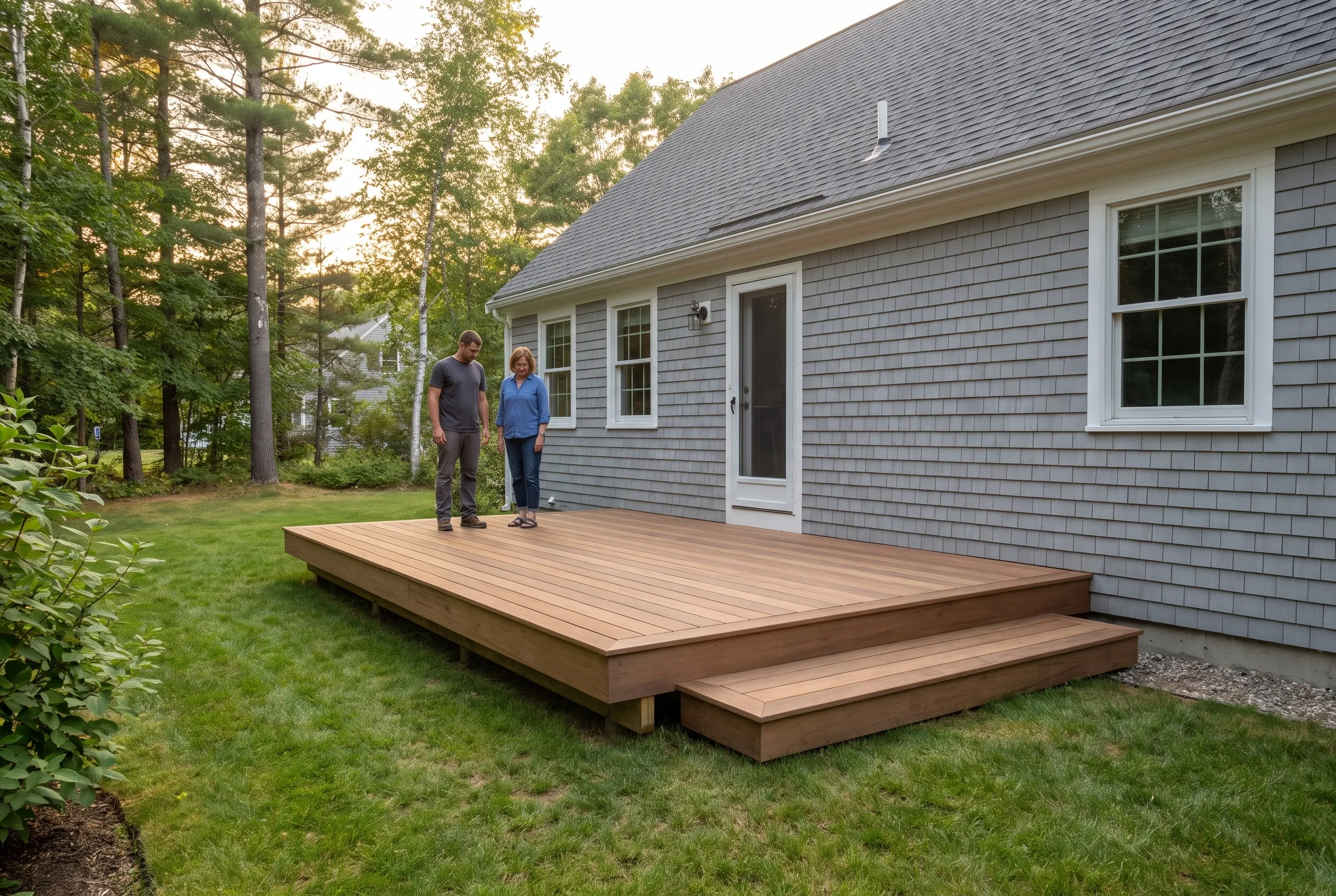 Two people standing on a finished low brown deck with a wide step beside a gray shingled house