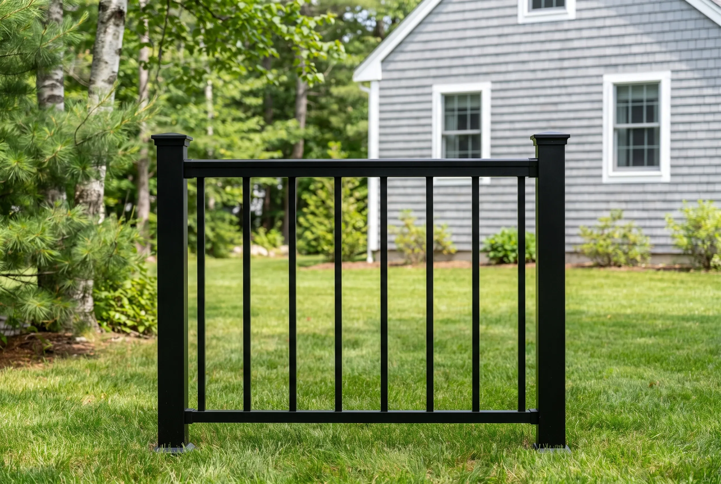 Single black metal railing section with square posts and vertical balusters standing on grass near a gray house