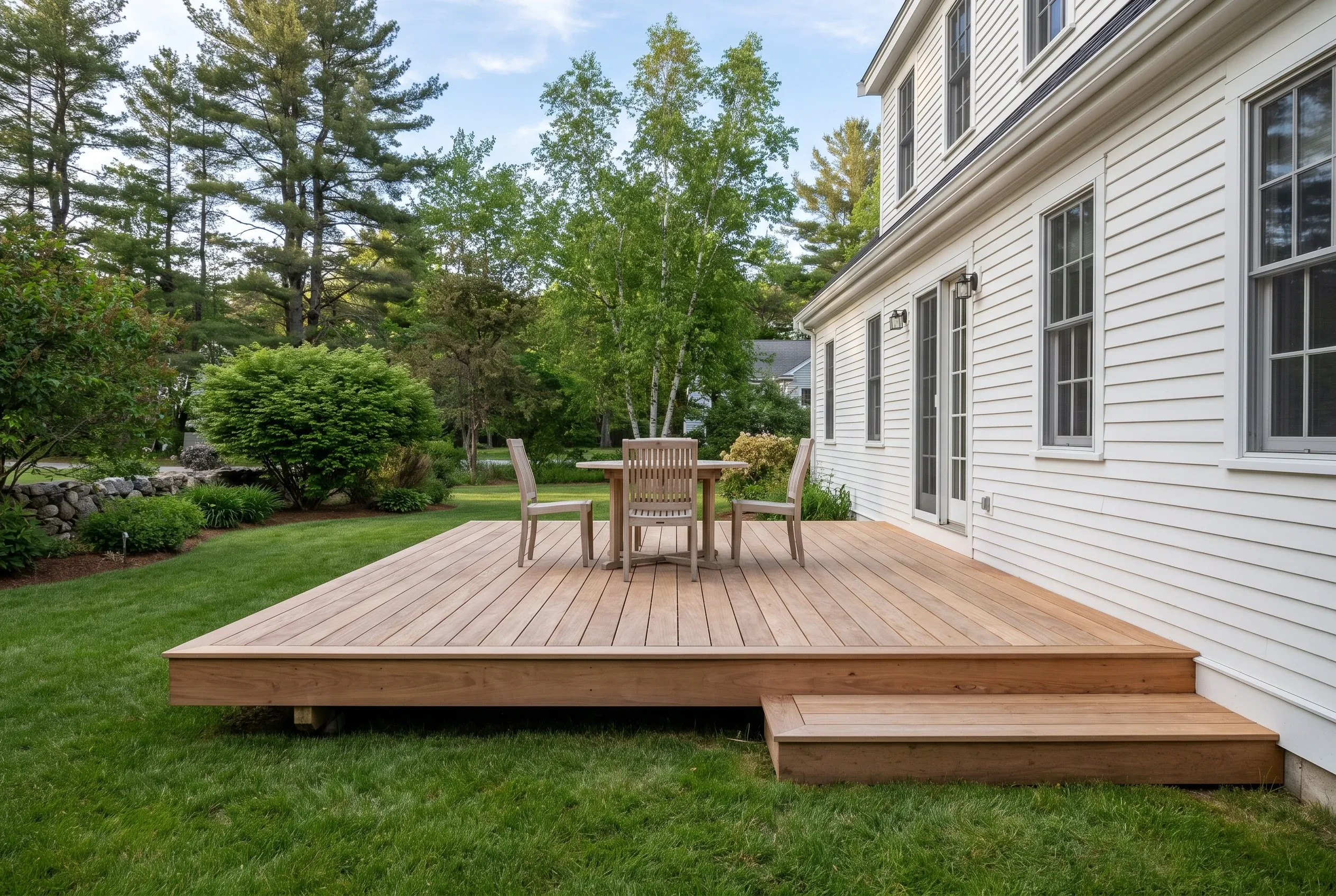 Low wood deck with a step, table and four chairs beside a white sided house, with trees and shrubs behind
