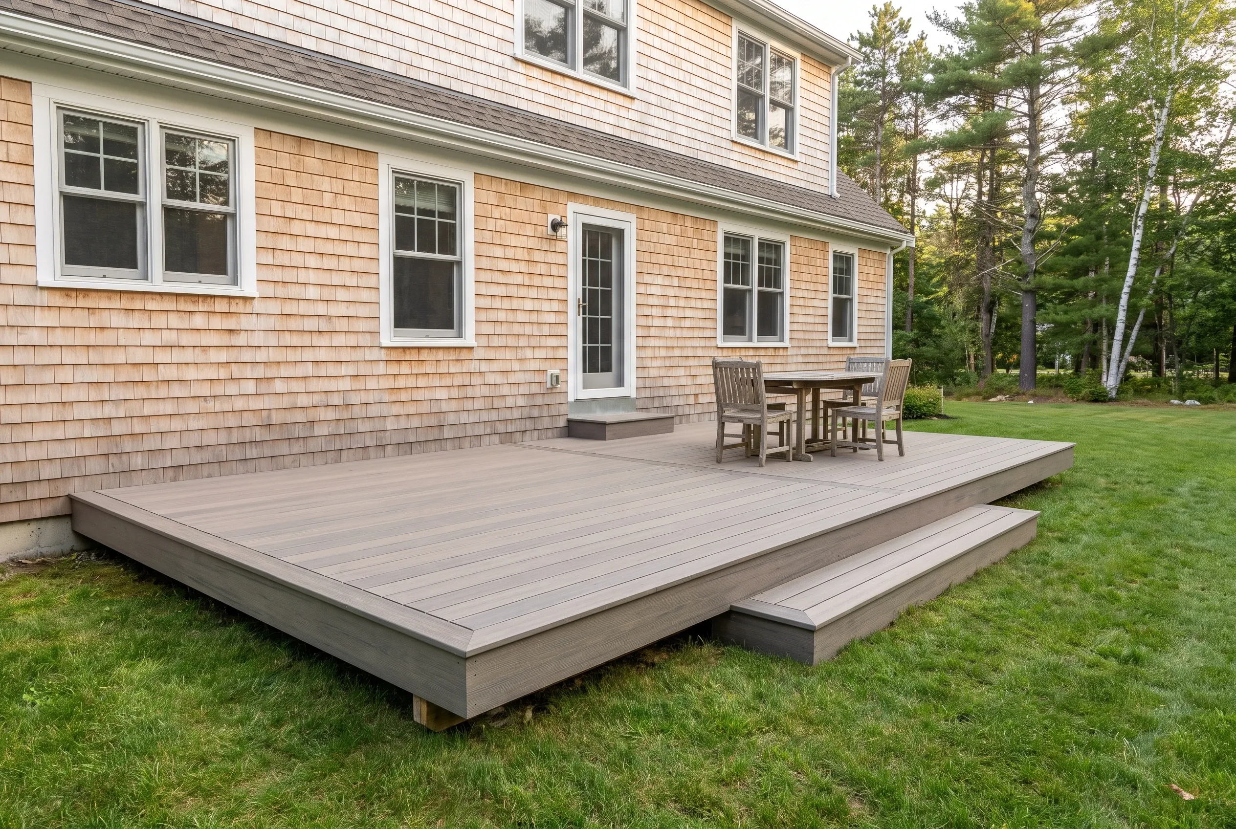 Deck builders in Scarborough, ME: low gray deck with a step, table and chairs beside a cedar shingled house