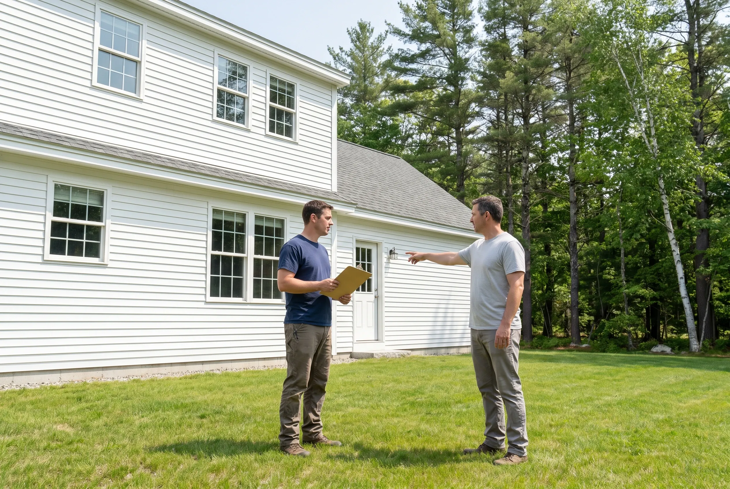 Two men standing on a lawn beside a white house, one holding a clipboard while the other points toward the wall