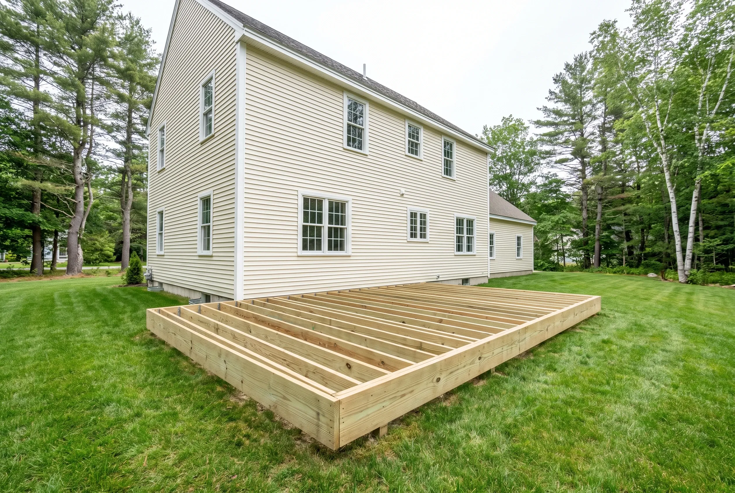 Undecked wood joist frame resting on a lawn beside a white two-story house, with trees in the background