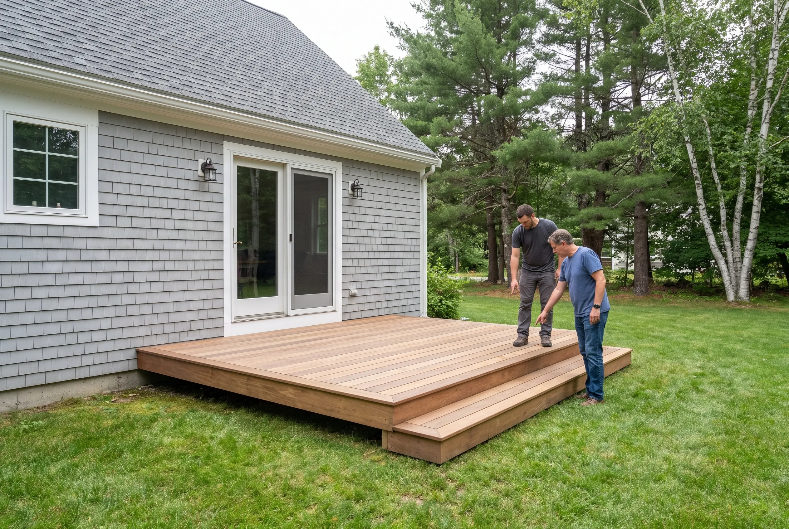 Two men walking on and beside a finished low wood deck with a step, outside a gray shingled house with sliding doors