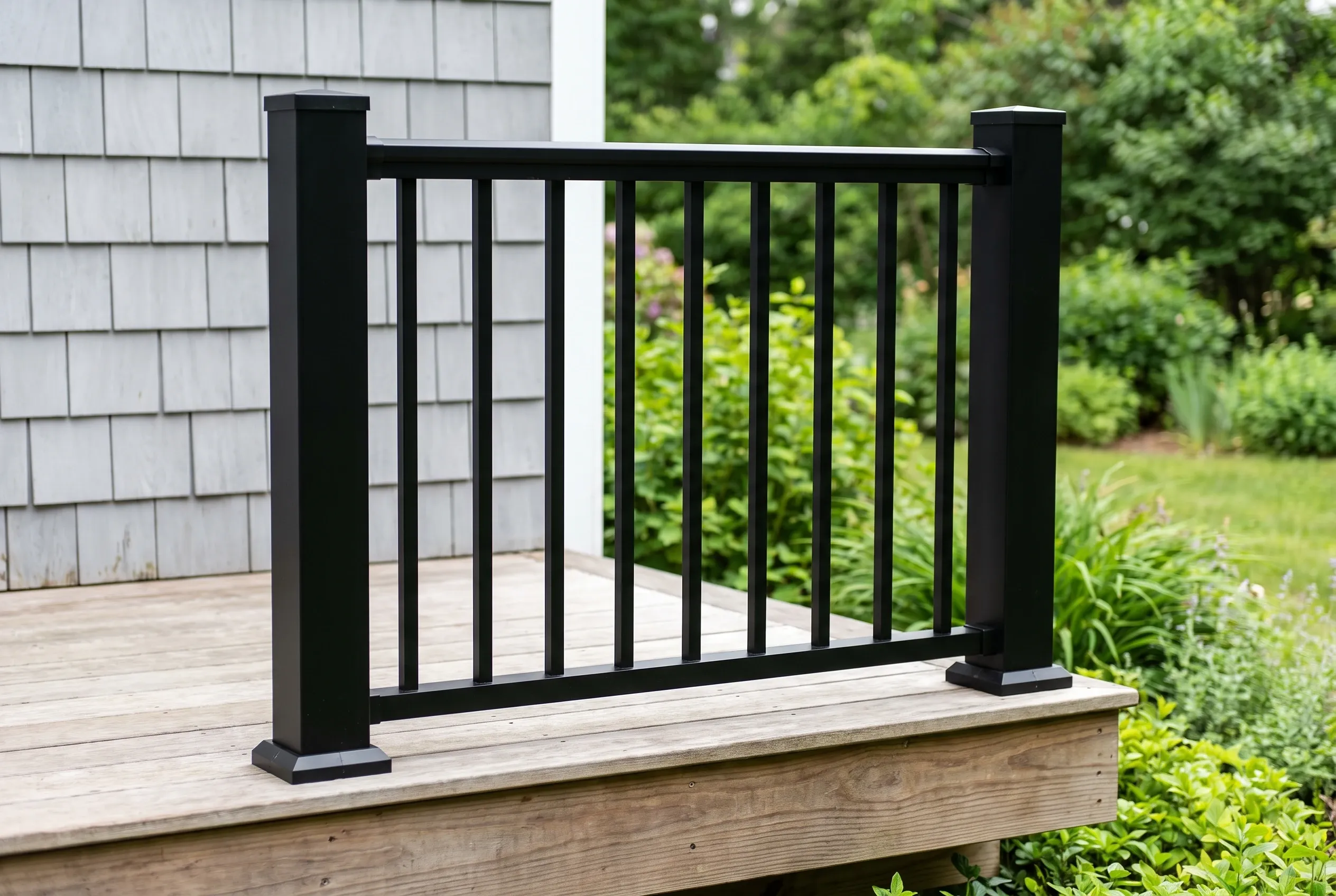 Close view of a black metal railing section with vertical balusters between two square posts on a gray weathered wood deck edge