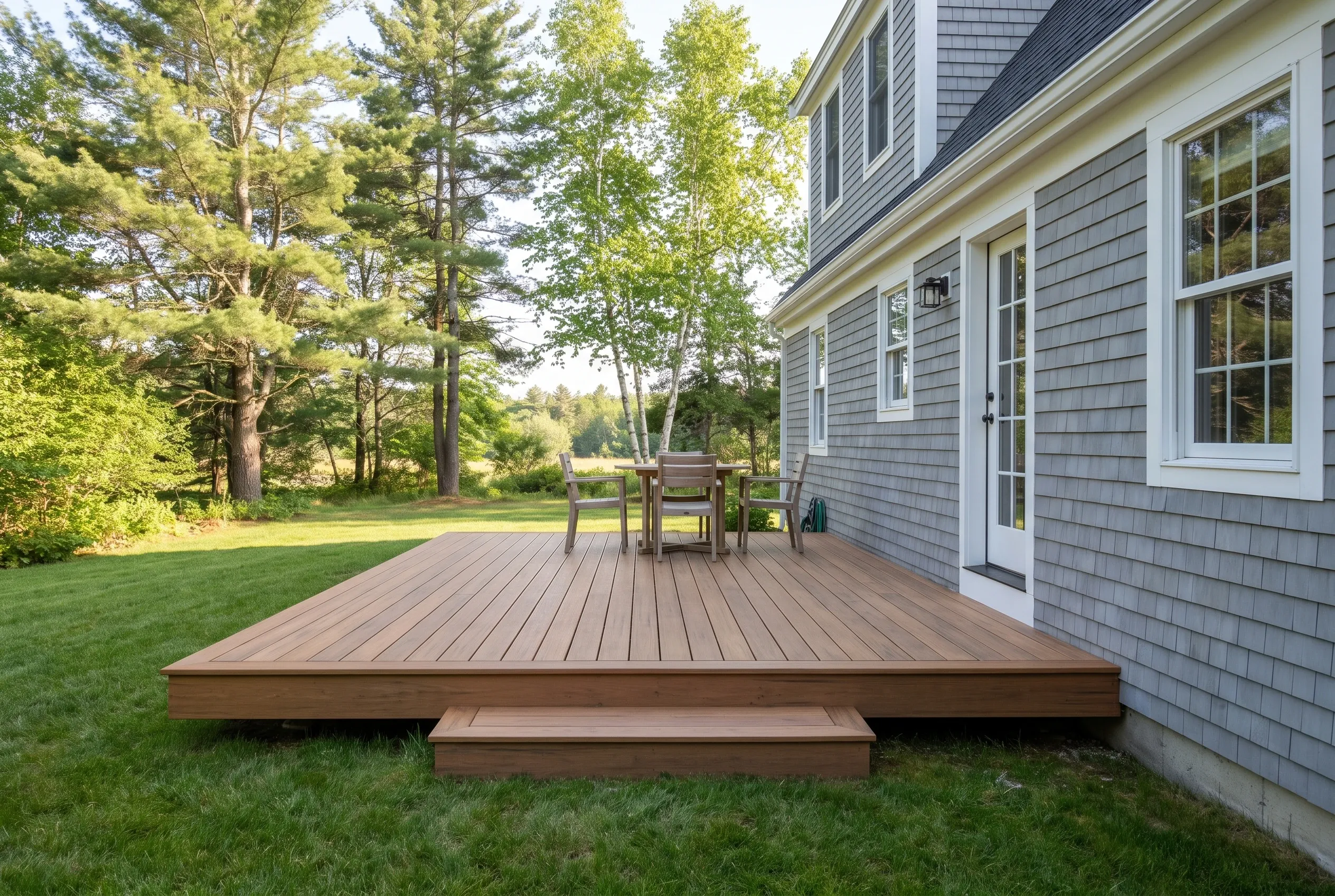Low brown deck with a table and chairs and a single step, beside a gray shingled house with white trim