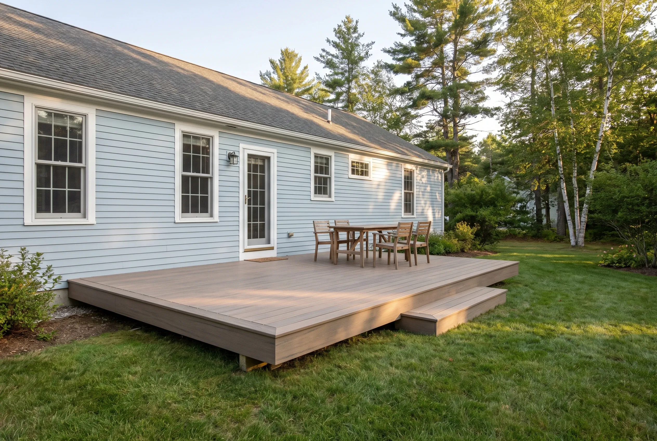 Deck builders in Sebago, ME: low brownish-gray deck with a table, chairs, and a step behind a light blue house