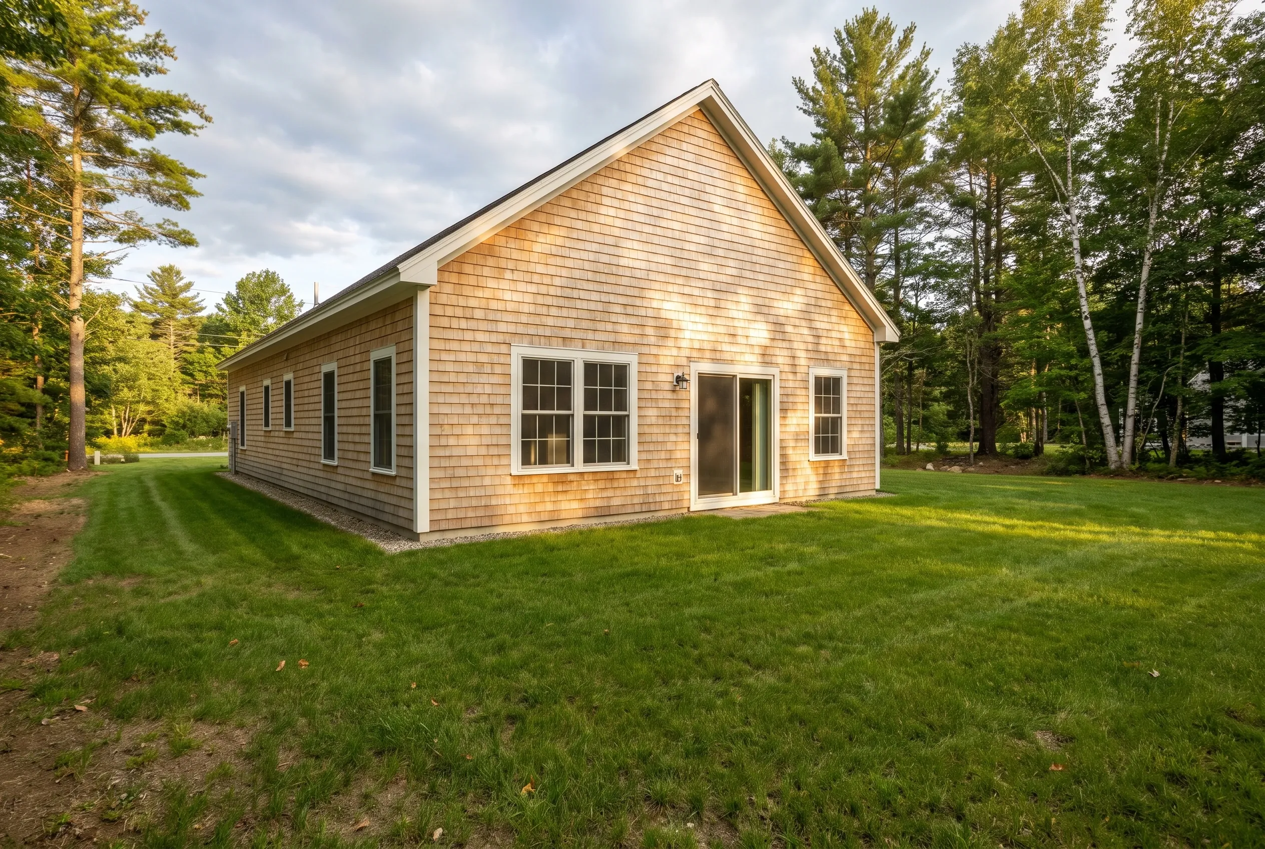 Cedar-shingled single-story house with a rear door opening onto an open lawn, with no deck present and pine trees surrounding