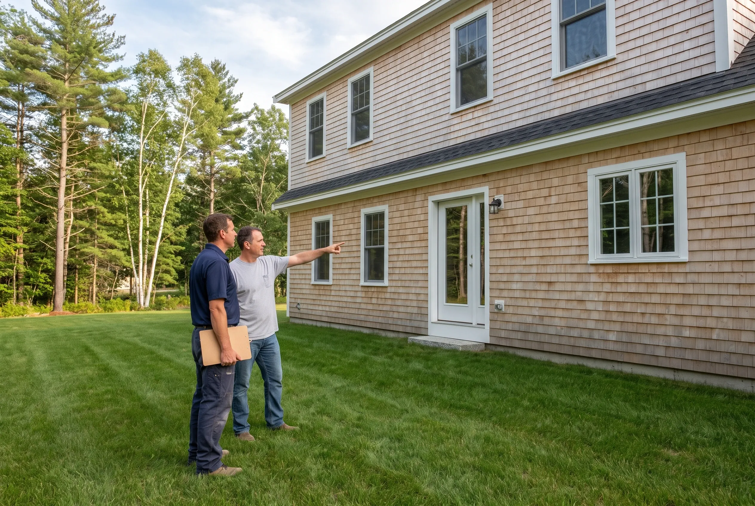 Two men stand on a lawn beside a cedar-shingled two-story house; one points toward the wall while the other holds a clipboard.