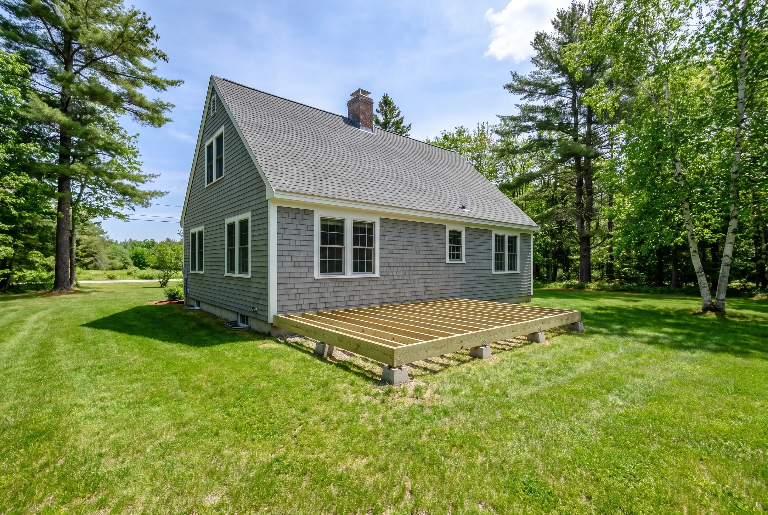 Undecked wood deck framing with joists resting on blocks on a lawn beside a gray-shingled Cape-style house surrounded by trees.