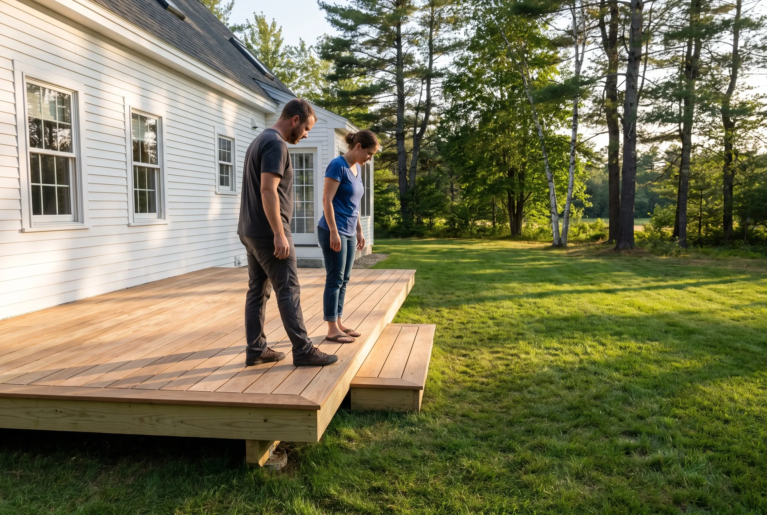 A man and a woman stand on a low finished wood deck with a single step beside a white clapboard house.