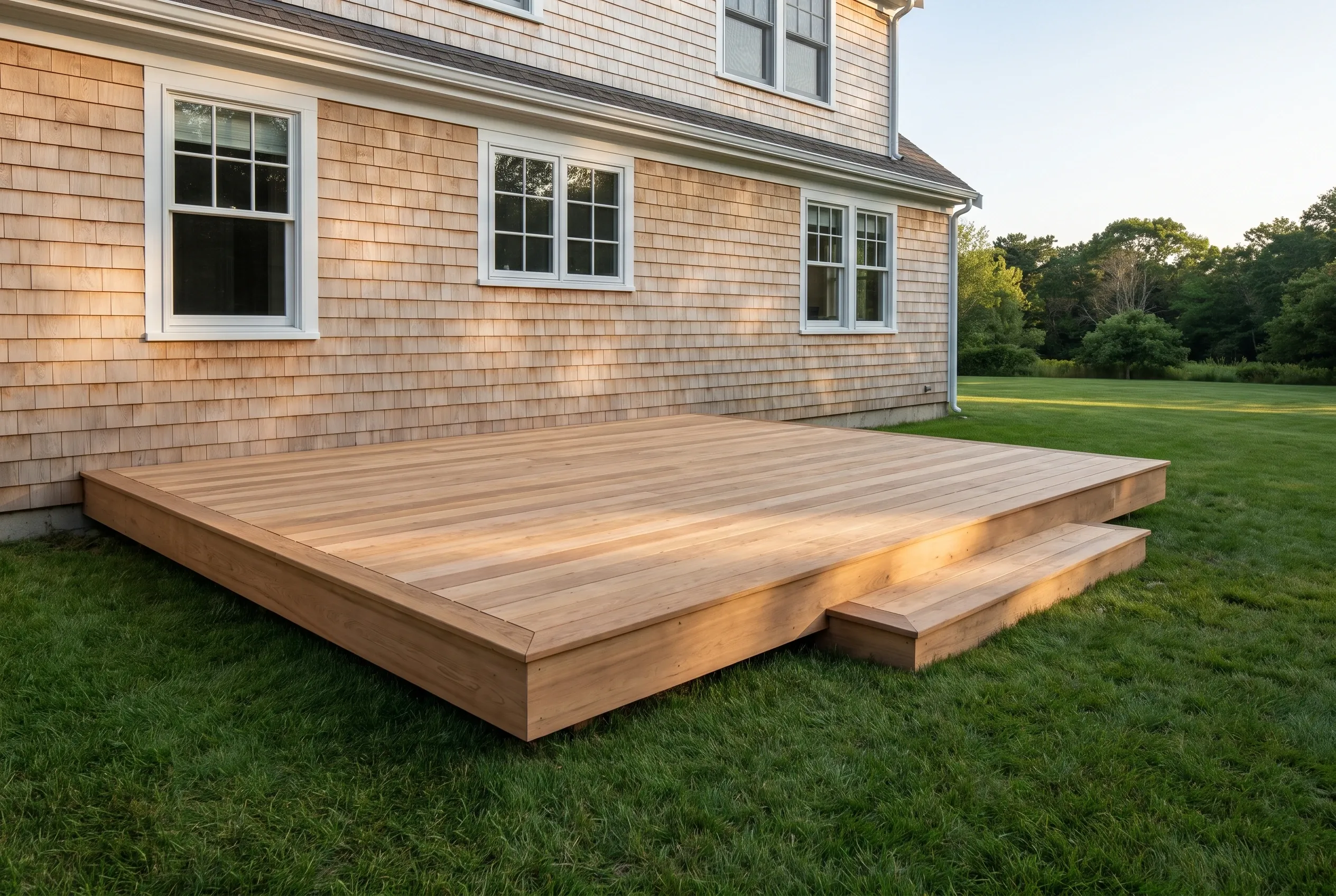 Low wood deck with a single step along a cedar-shingled house, surrounded by a lawn and trees in warm light