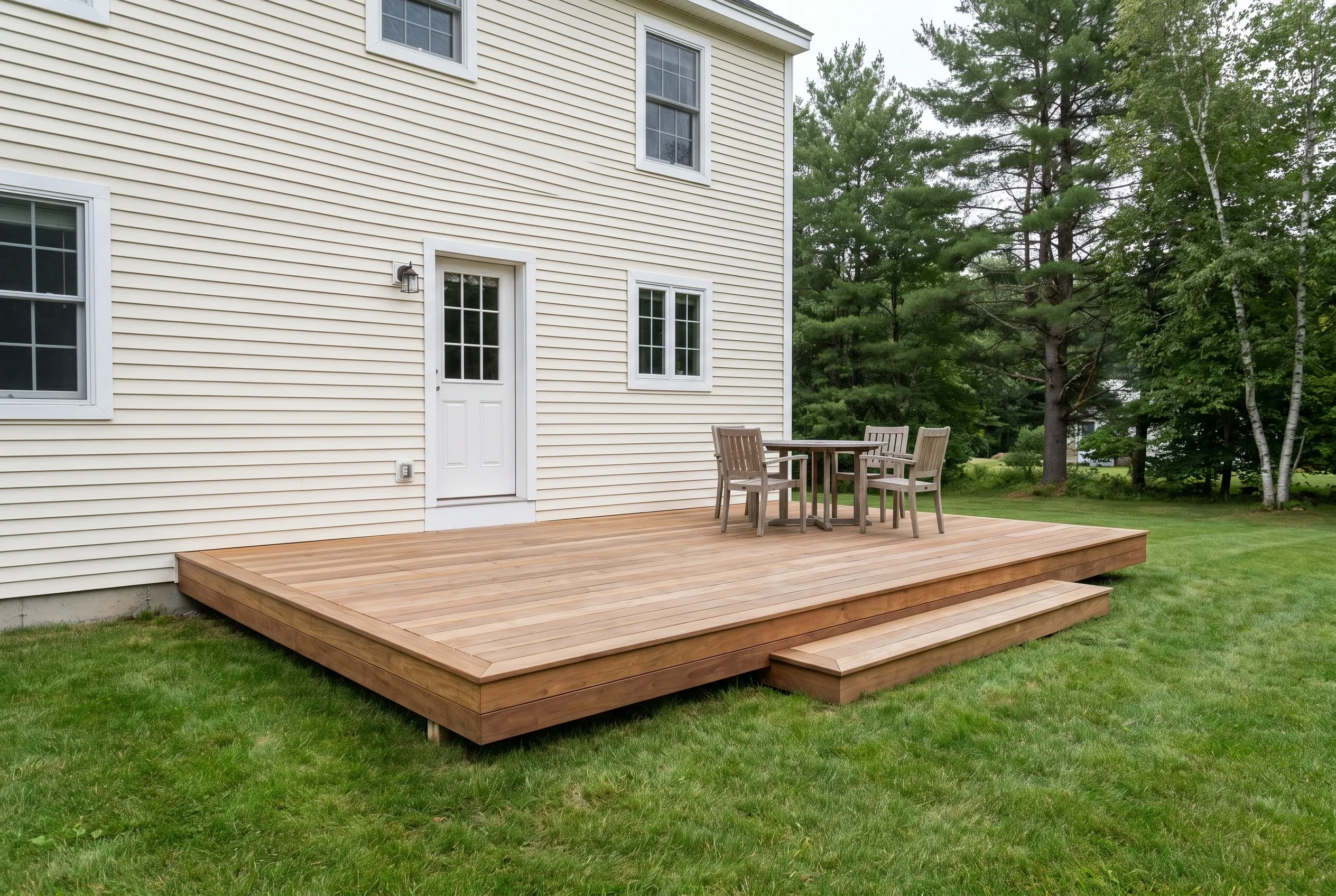 Low wood deck with a step and outdoor table and chairs behind a white clapboard house near pine and birch trees