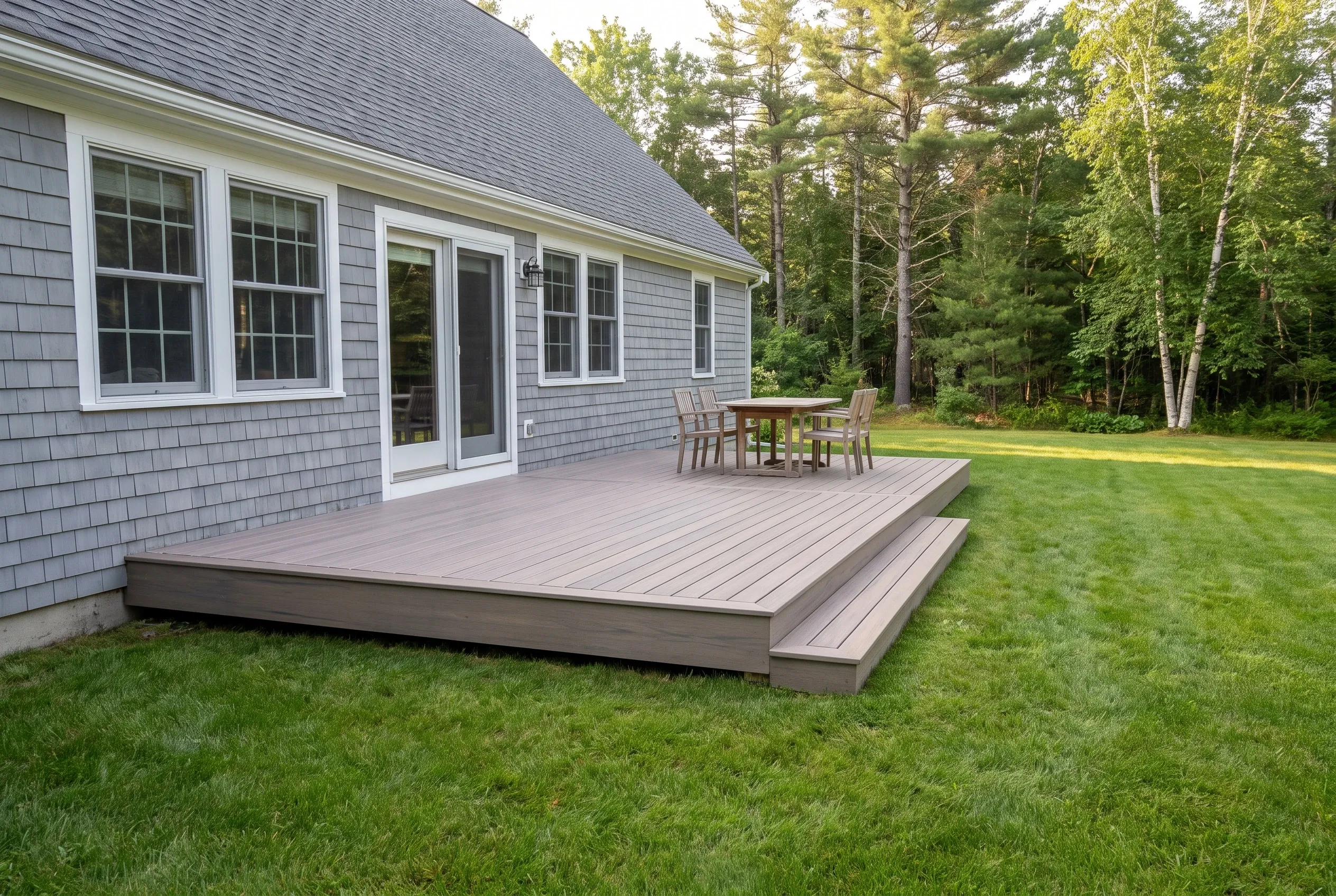 Deck builders in Shapleigh, ME: low gray deck with a wide step, table and chairs behind a gray shingled house
