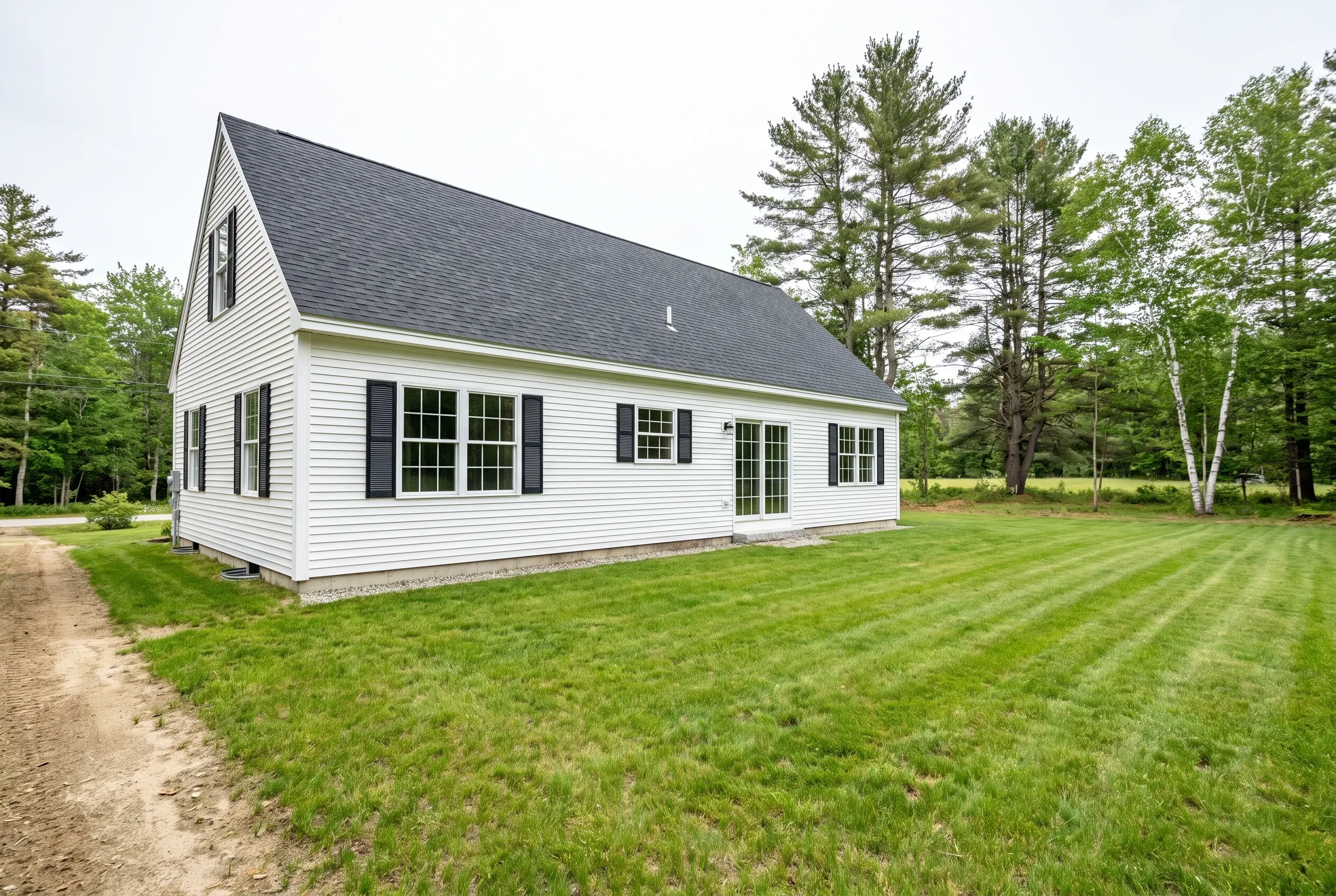 Back of a white house with black shutters and an open mowed lawn, with no deck yet present