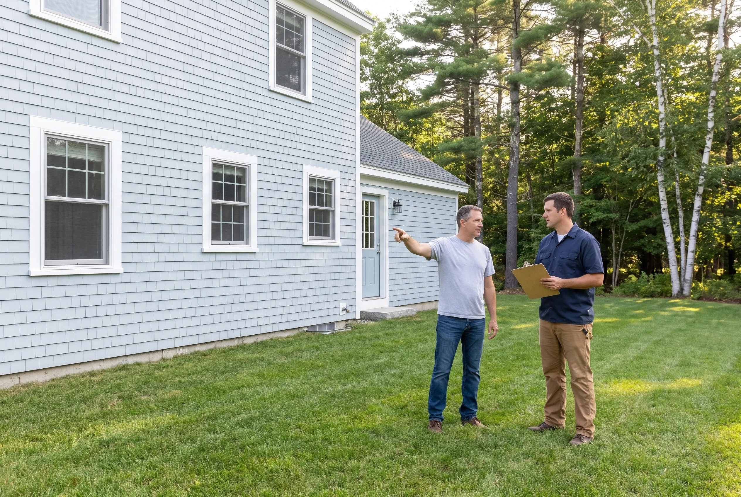 Two men standing on a backyard lawn beside a gray shingled house, one pointing while the other holds a clipboard