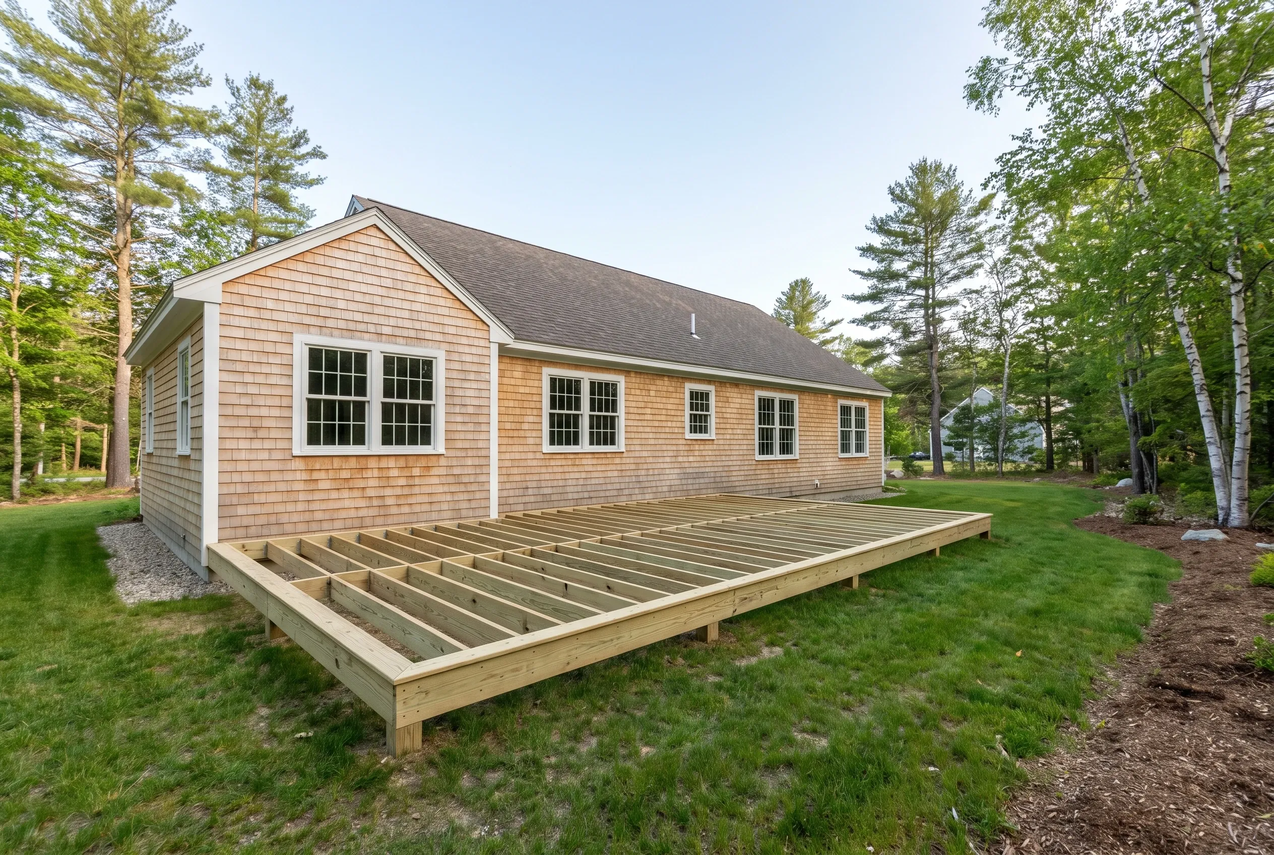 Undecked wood deck framing with exposed joists on a lawn beside a cedar shingled house and surrounding trees