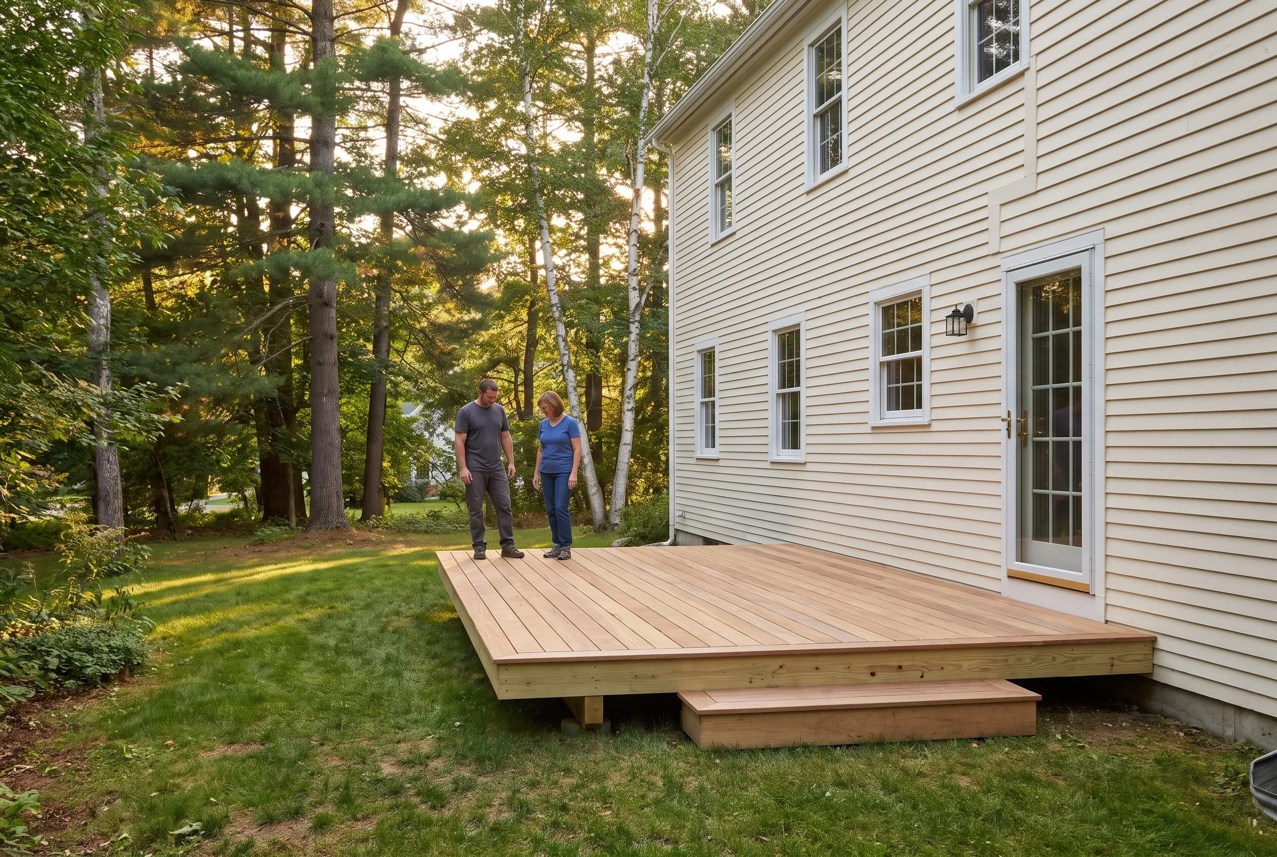 Two people standing on a finished low wood deck with a step beside a pale yellow clapboard house