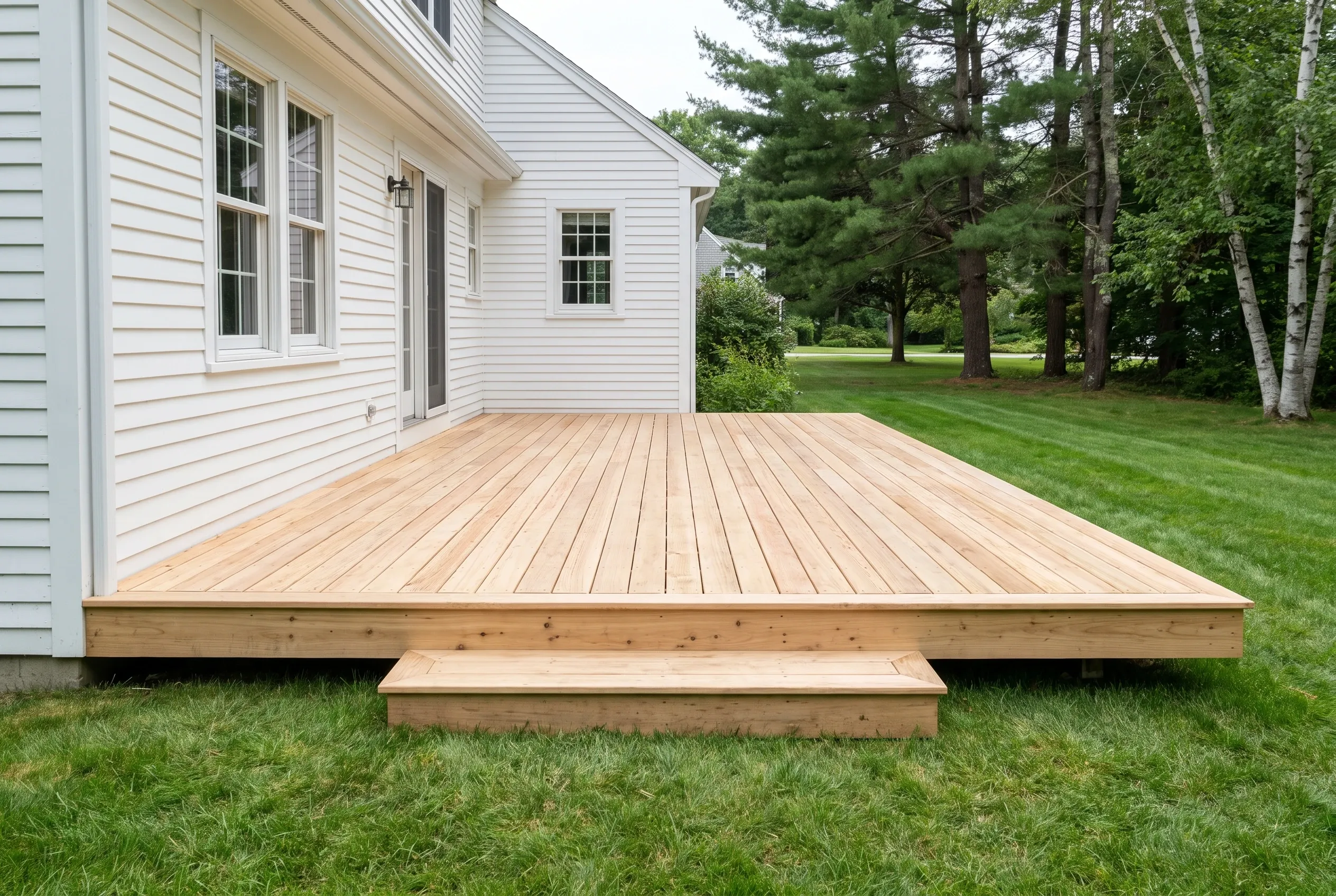 Low wood deck with one wide step on a lawn beside a white clapboard house, with pine and birch trees behind