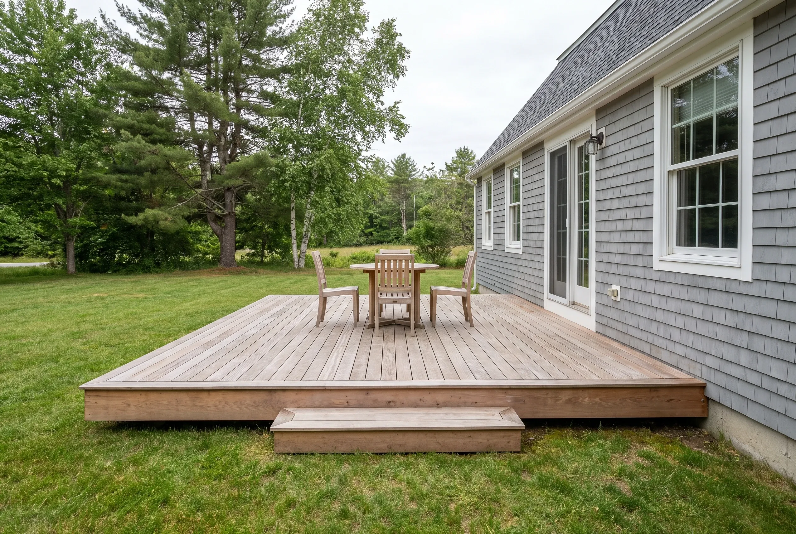 Low weathered wood deck with a table and chairs beside a gray shingled house, with a single step to the lawn