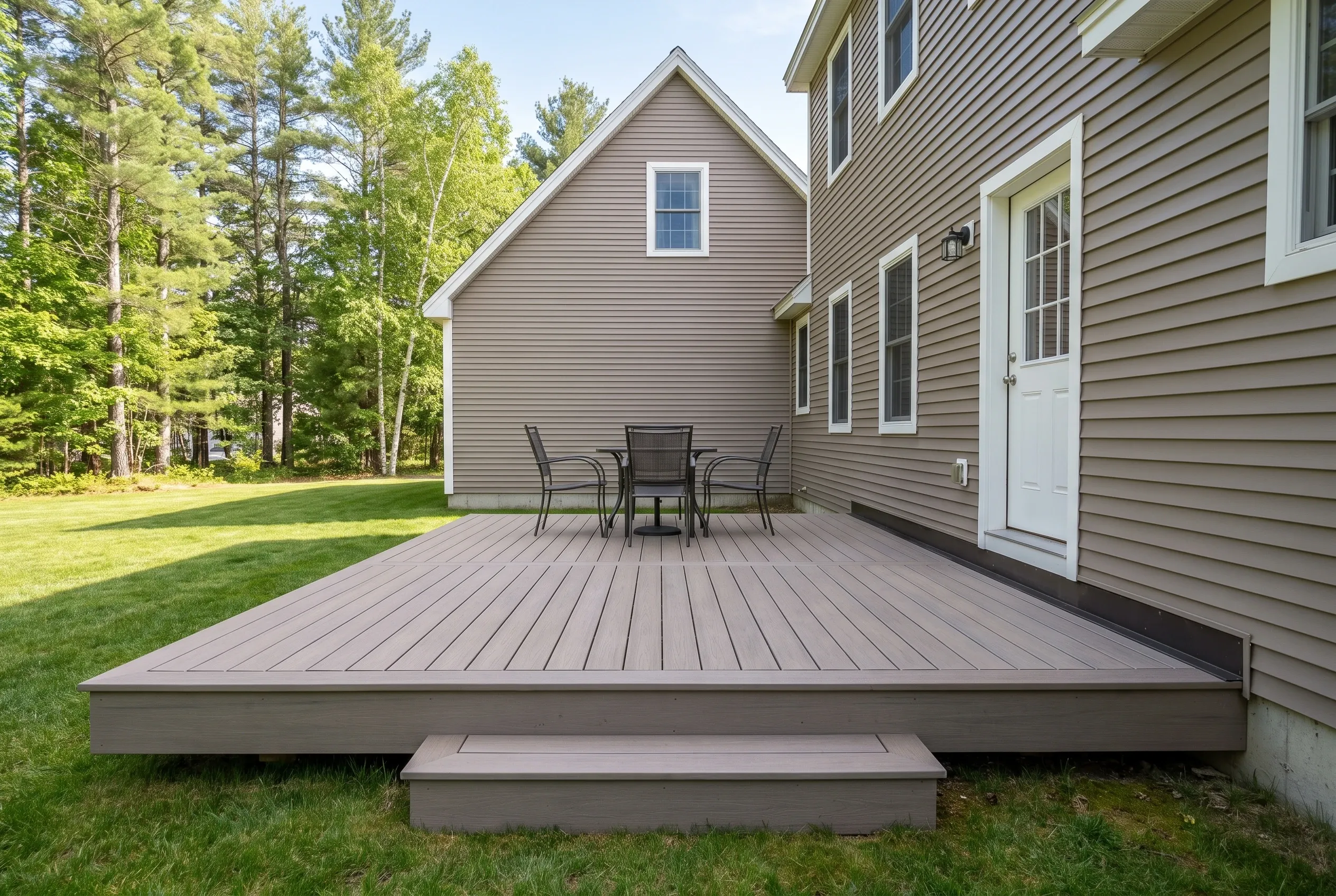 Deck builders in South Berwick, ME: low gray-brown ground-level deck with patio table, chairs, and a wide step beside a tan house