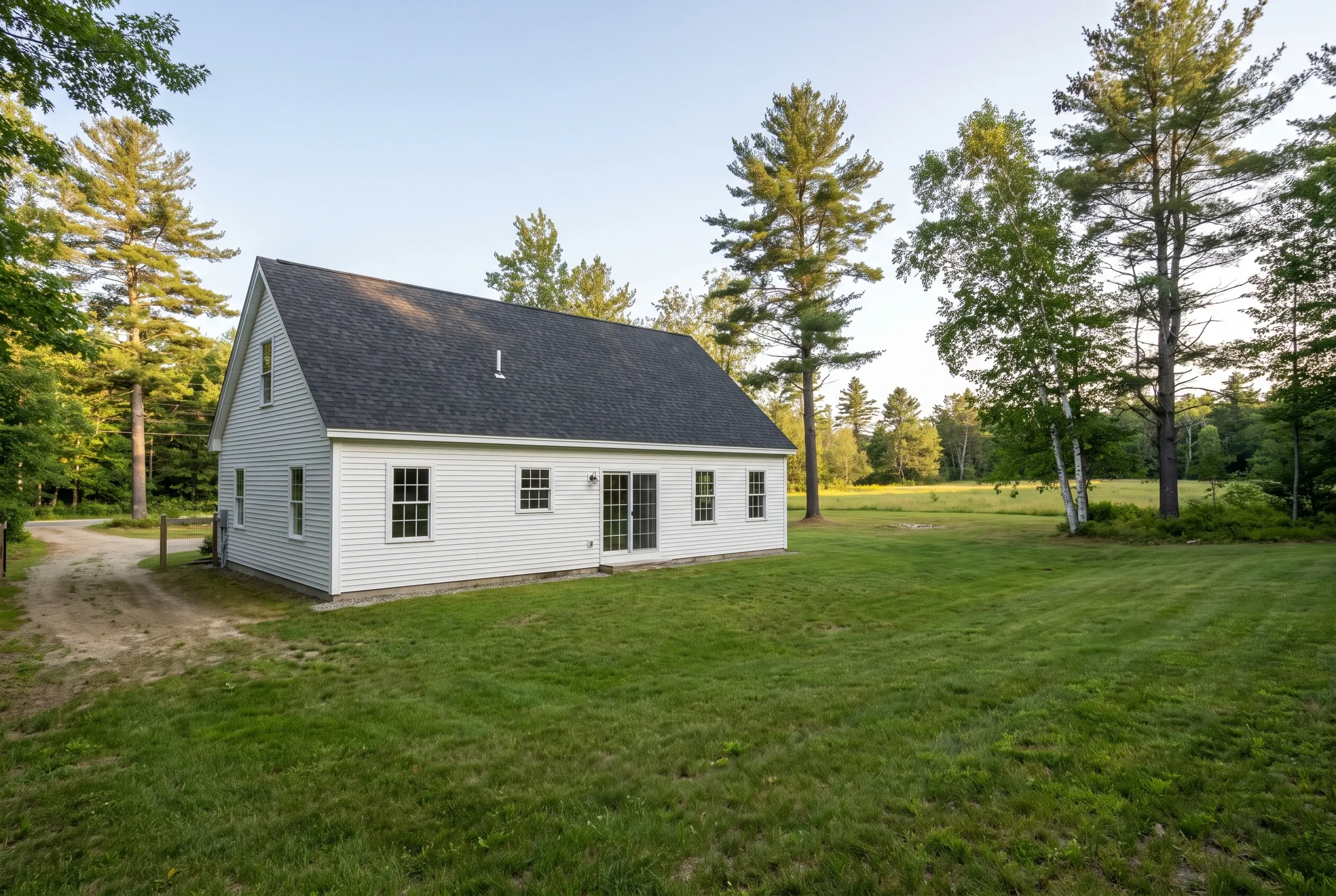 White cape-style house with a dark roof in an open grassy yard surrounded by pine and birch trees, with no deck