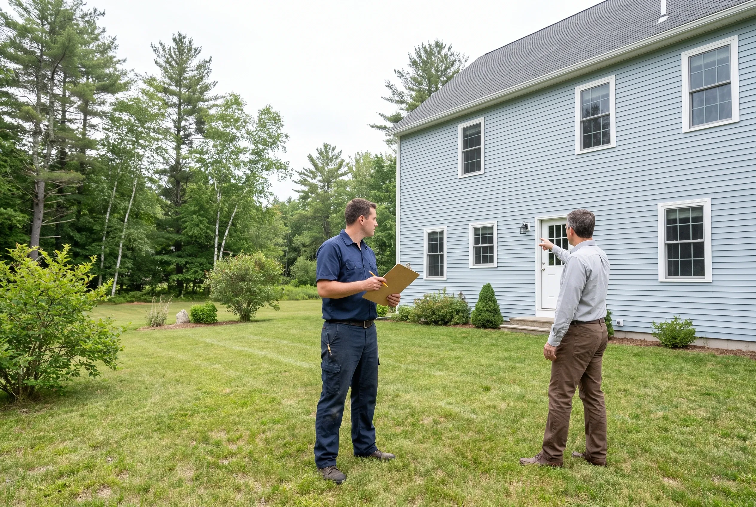 Two men talking on a backyard lawn, one holding a clipboard while the other points toward a light blue two-story house