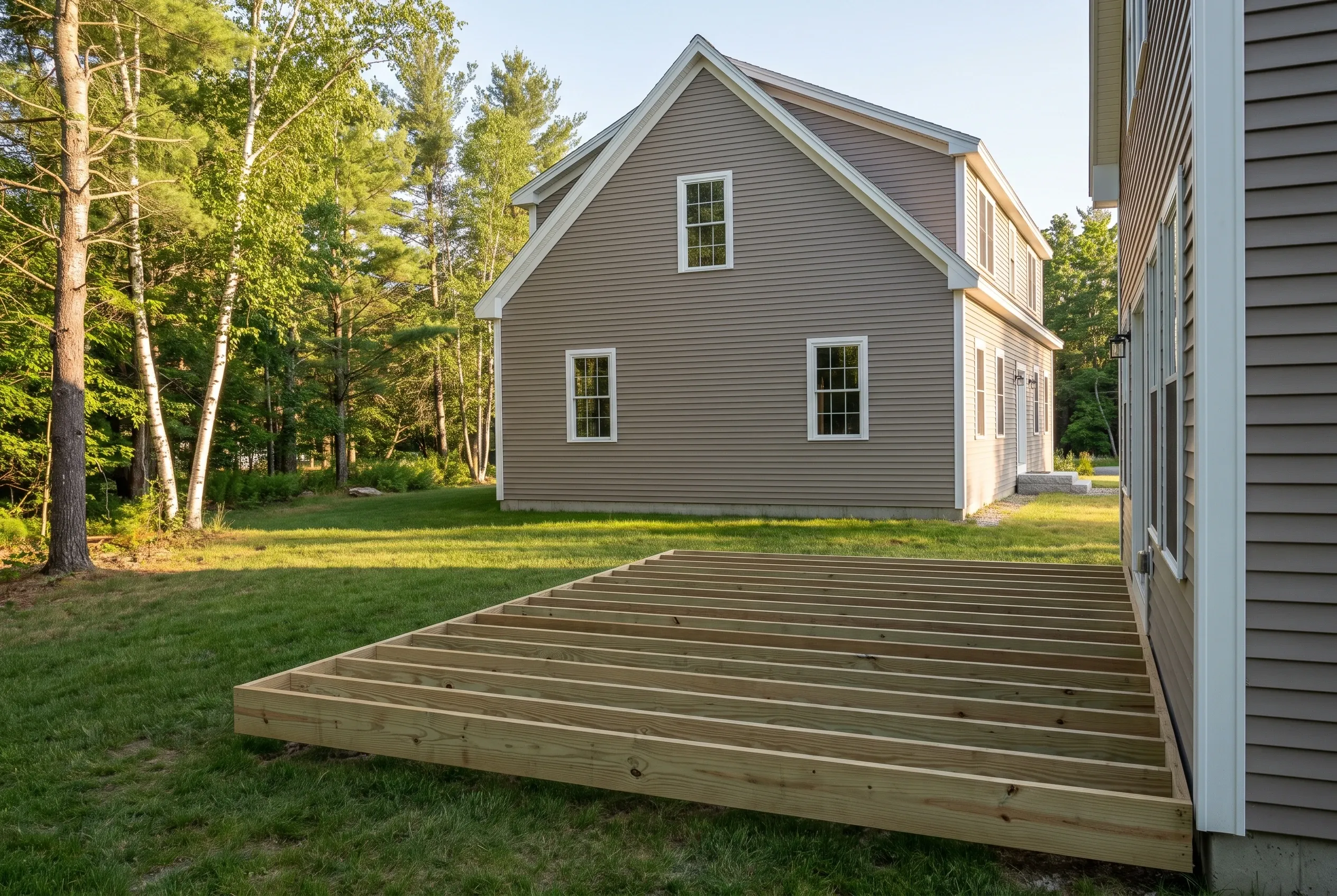 Open wood deck framing with parallel joists and no decking, set low on a lawn beside a tan sided house