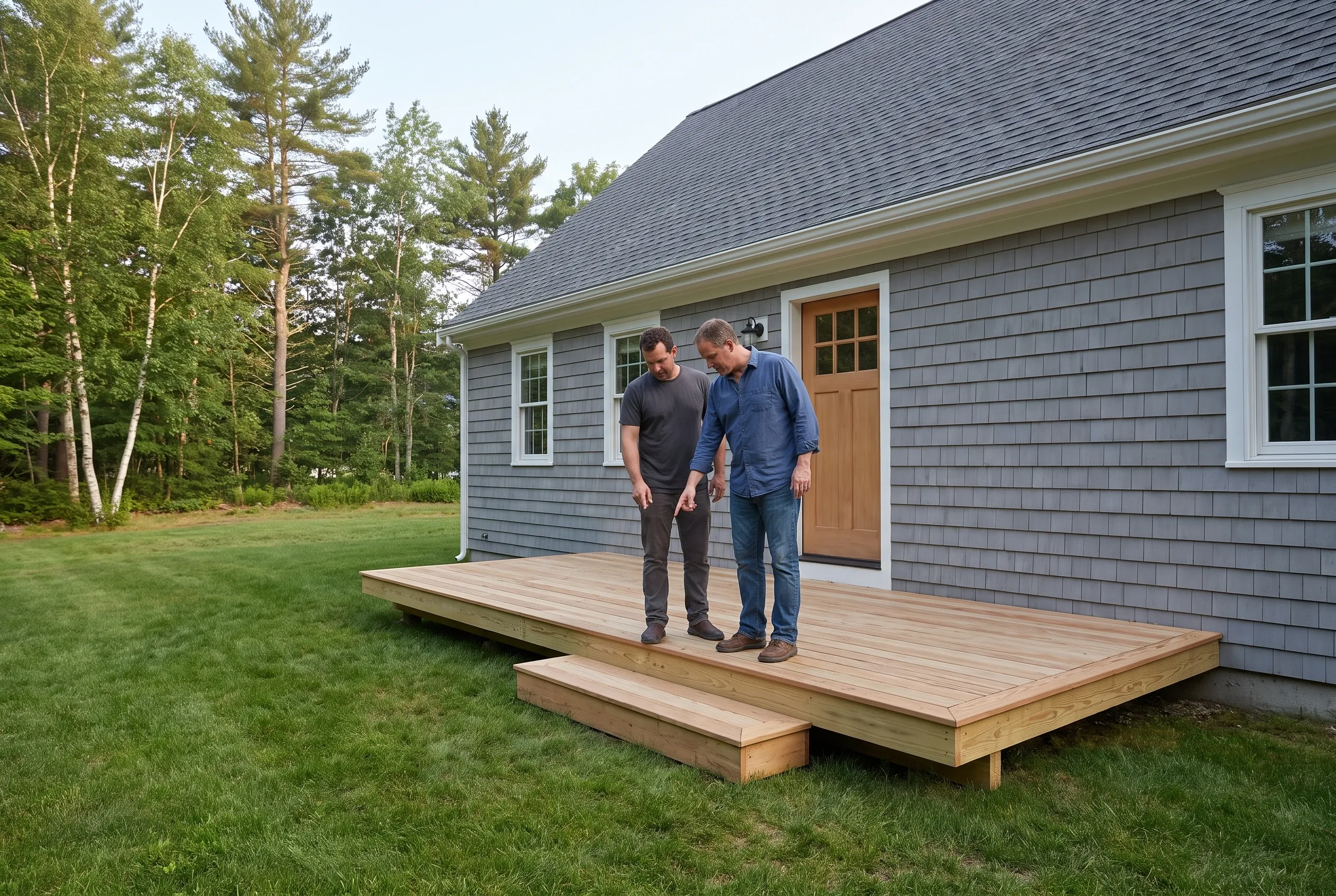 Two men standing on a newly built low wood deck with a step, looking down at the boards beside a gray shingled house