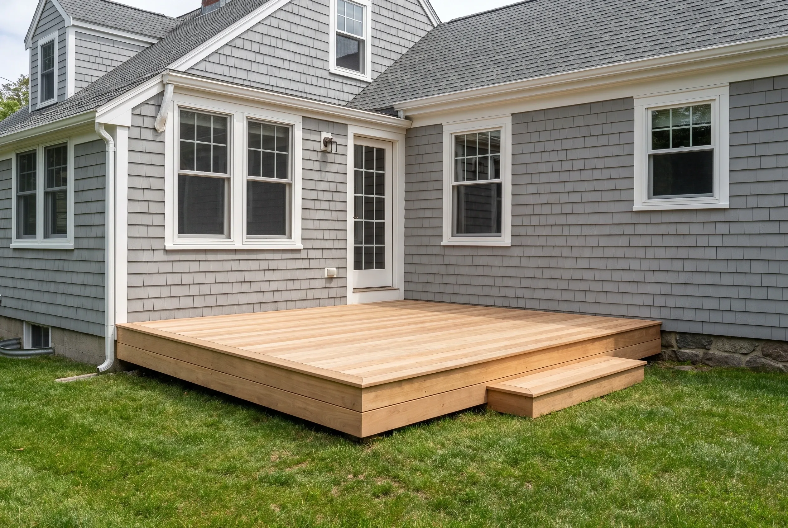 Low wood deck with a side step built into the corner of a gray shingled house on a grassy lawn