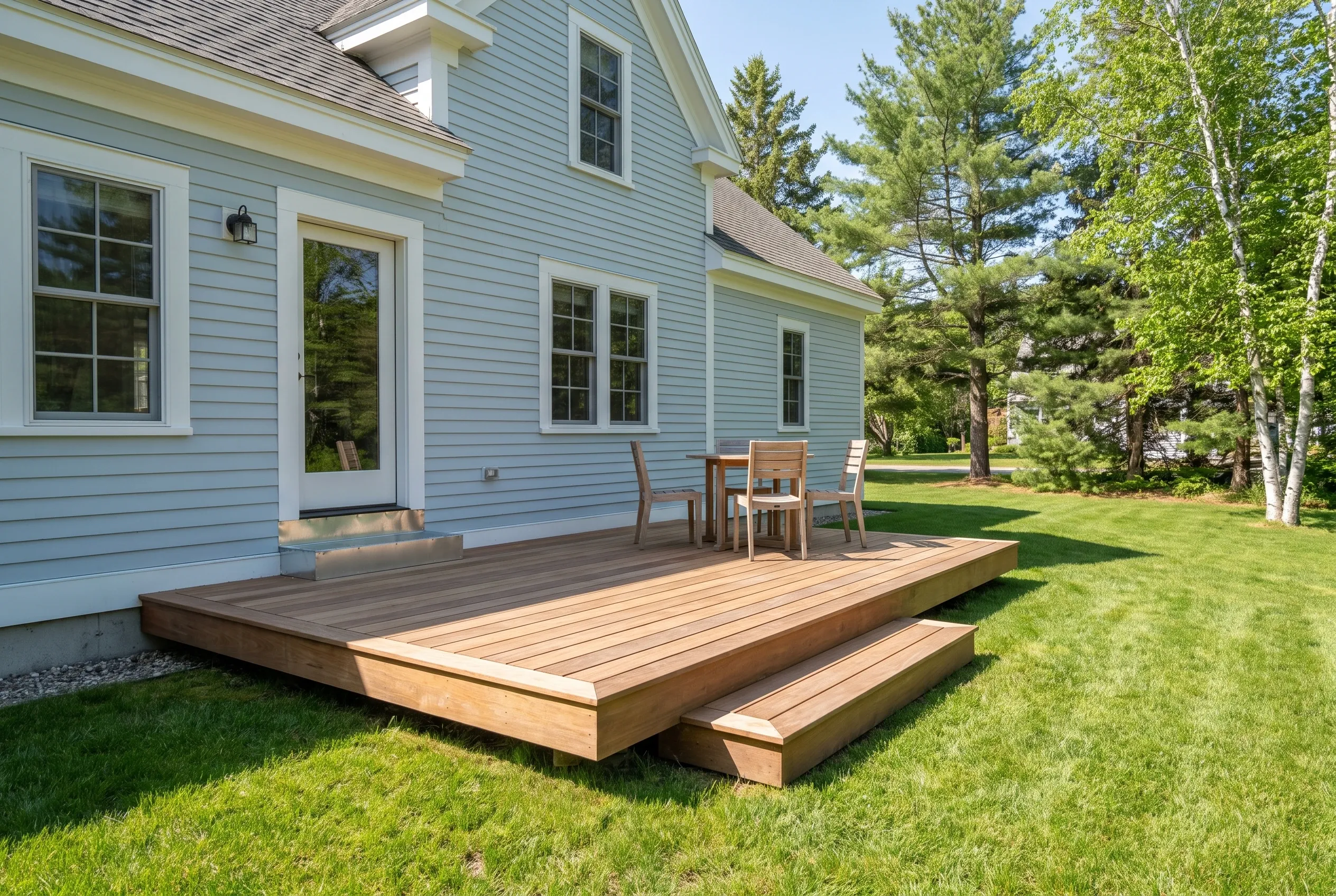 Low brown-board deck with a step, a small table, and chairs beside a light blue clapboard house and trees.
