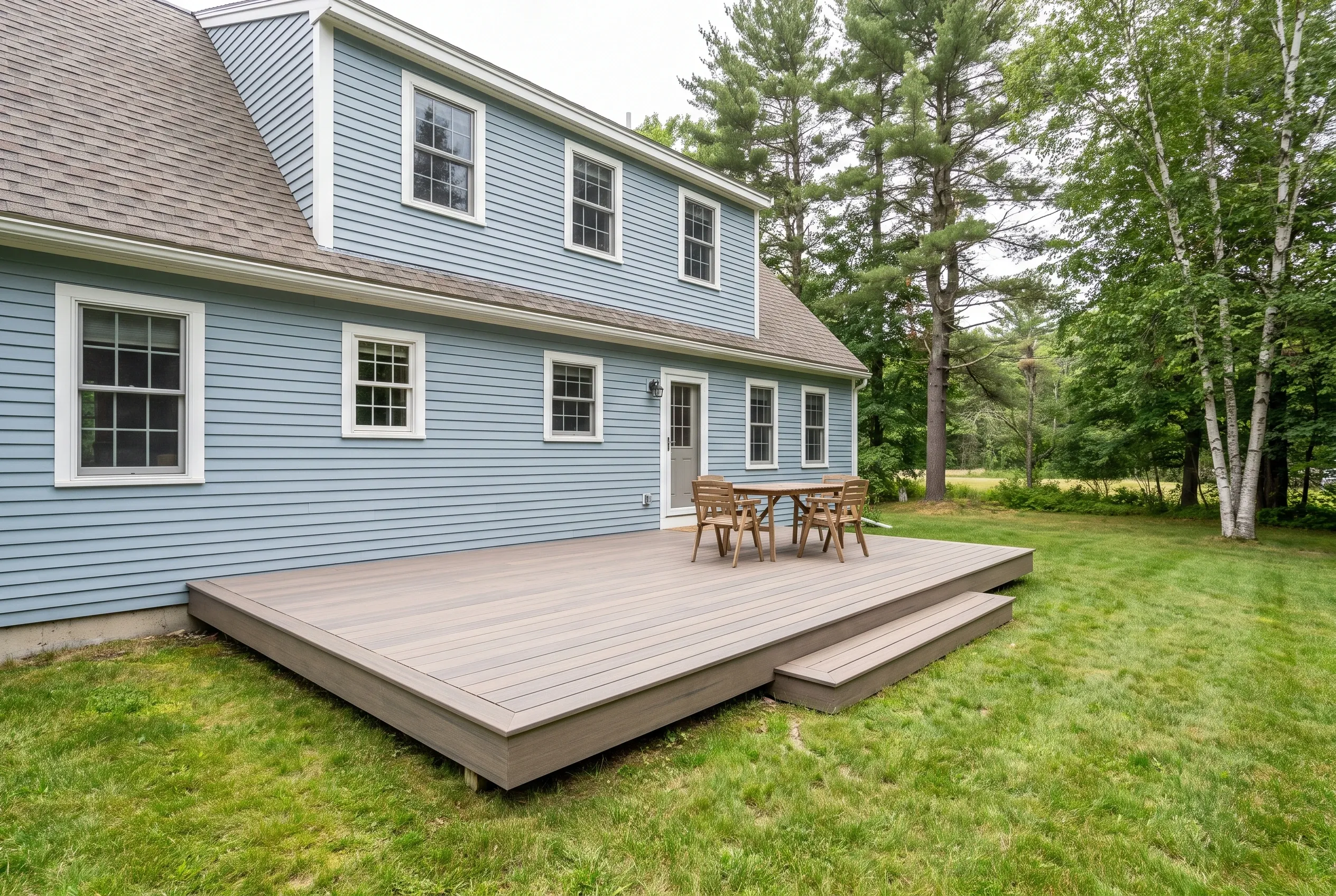 Deck builders in South Portland, ME: low gray-board platform deck with a step, table, and chairs behind a blue clapboard house.