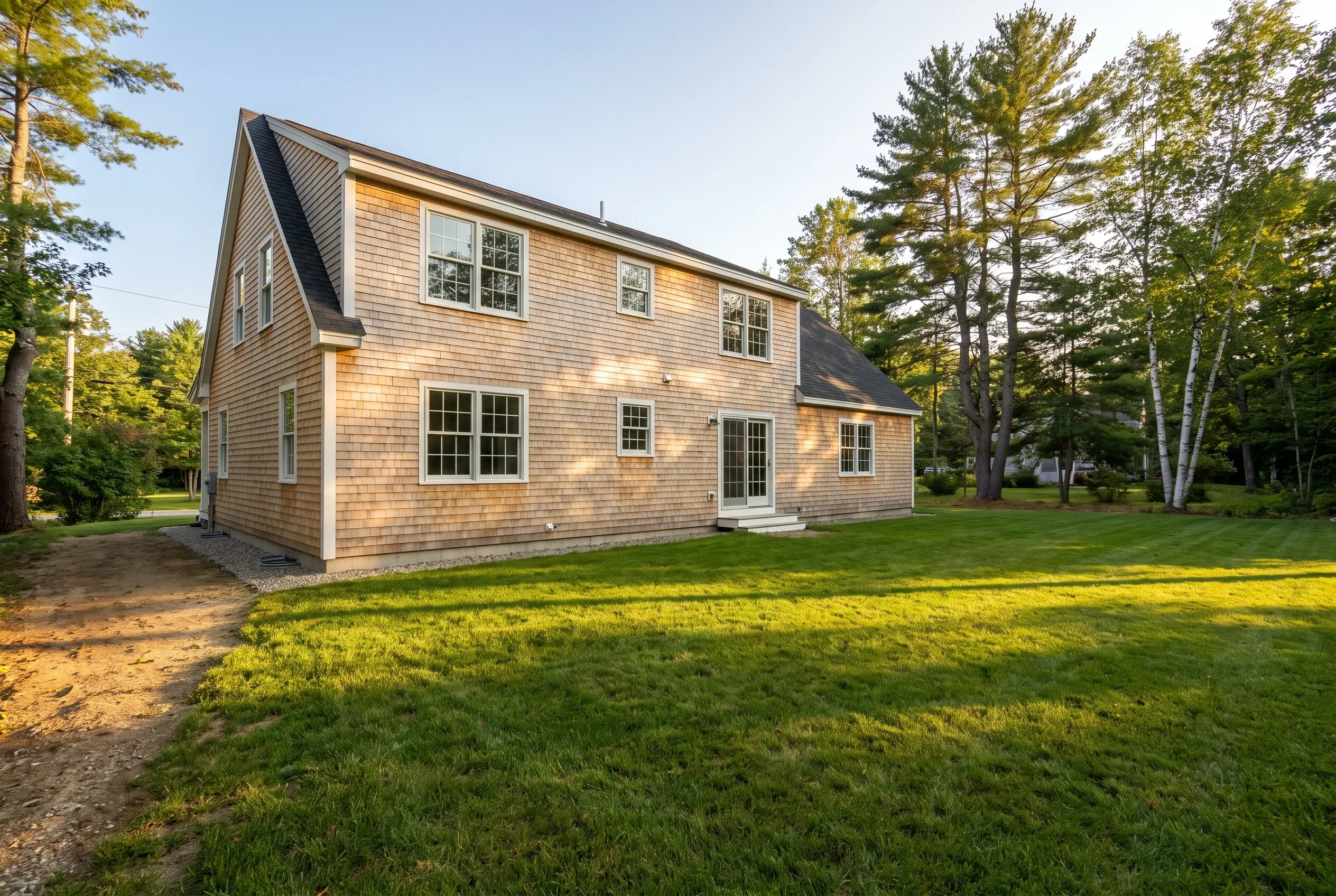 Backyard of a cedar-shingled two-story house with an open lawn, a dirt path, and tall pine trees, with no deck present.