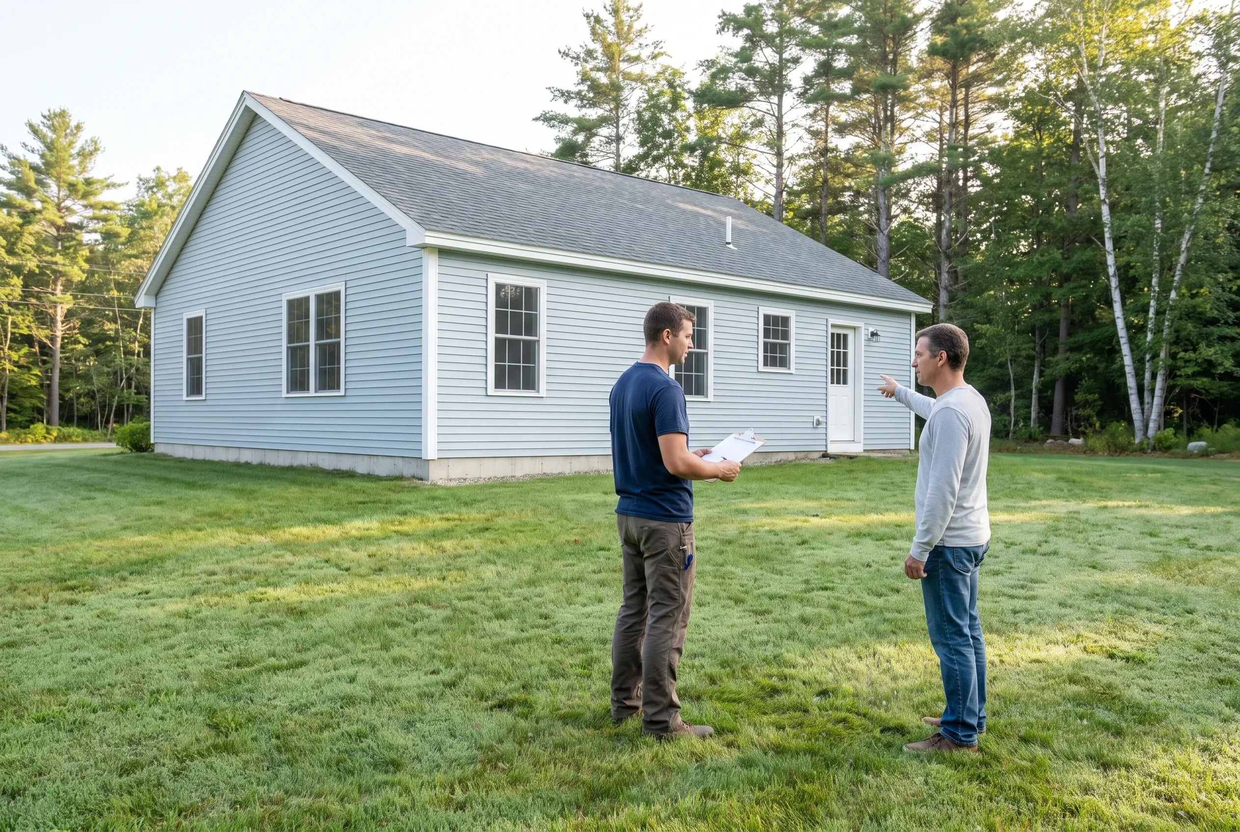 Two men talk on a lawn behind a light blue clapboard house; one holds papers while the other points toward the house.