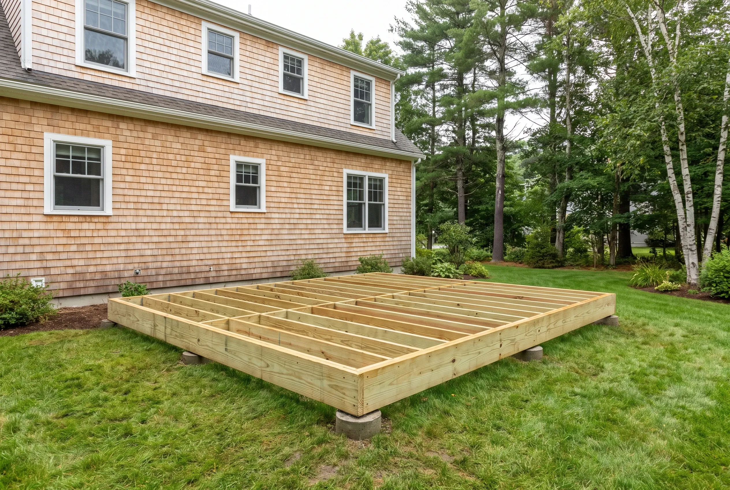Undecked wood deck framing with joists set on concrete blocks on a lawn in front of a cedar-shingled house.