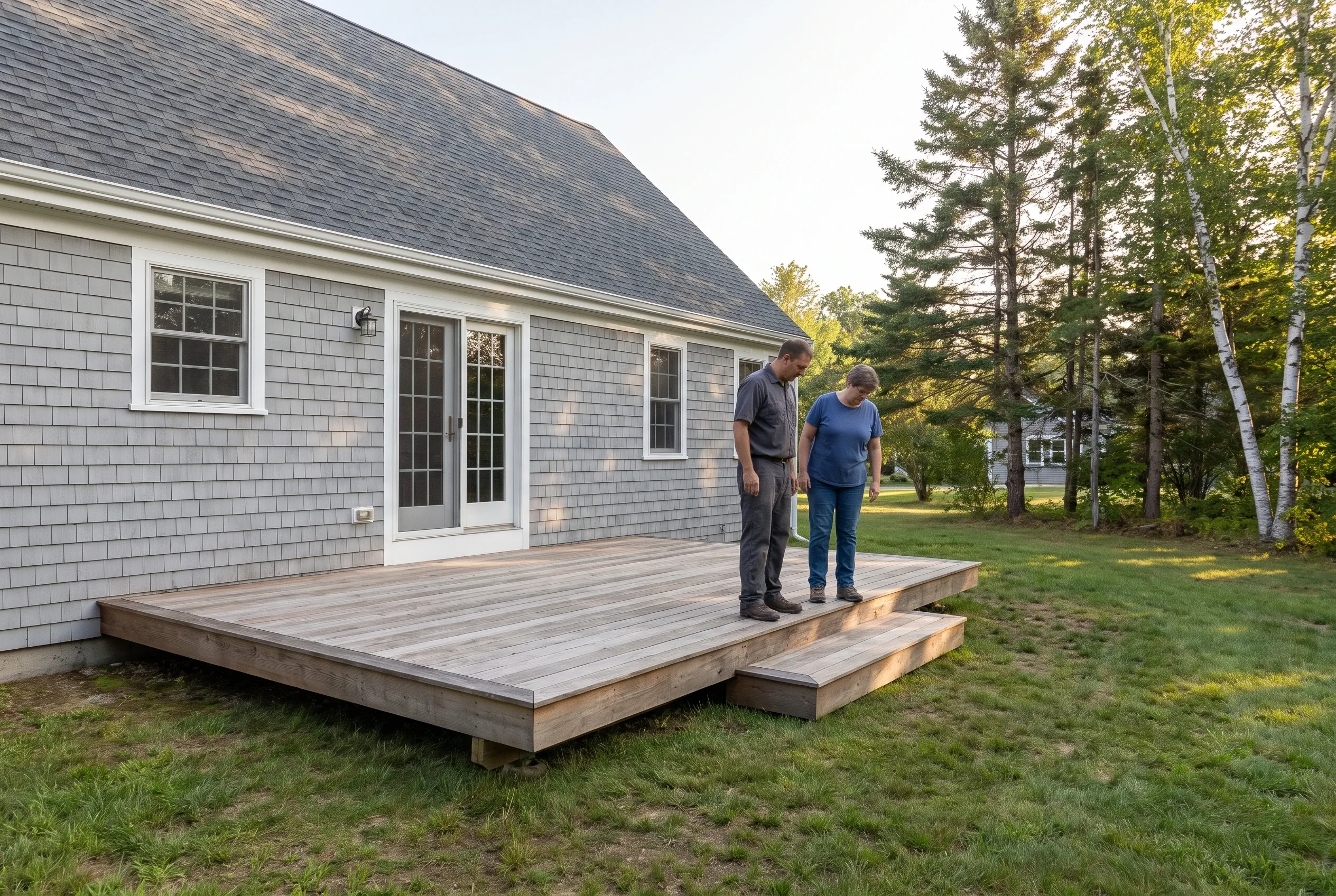Two people stand on a finished low wood-toned deck with a single step behind a gray shingled house on a lawn