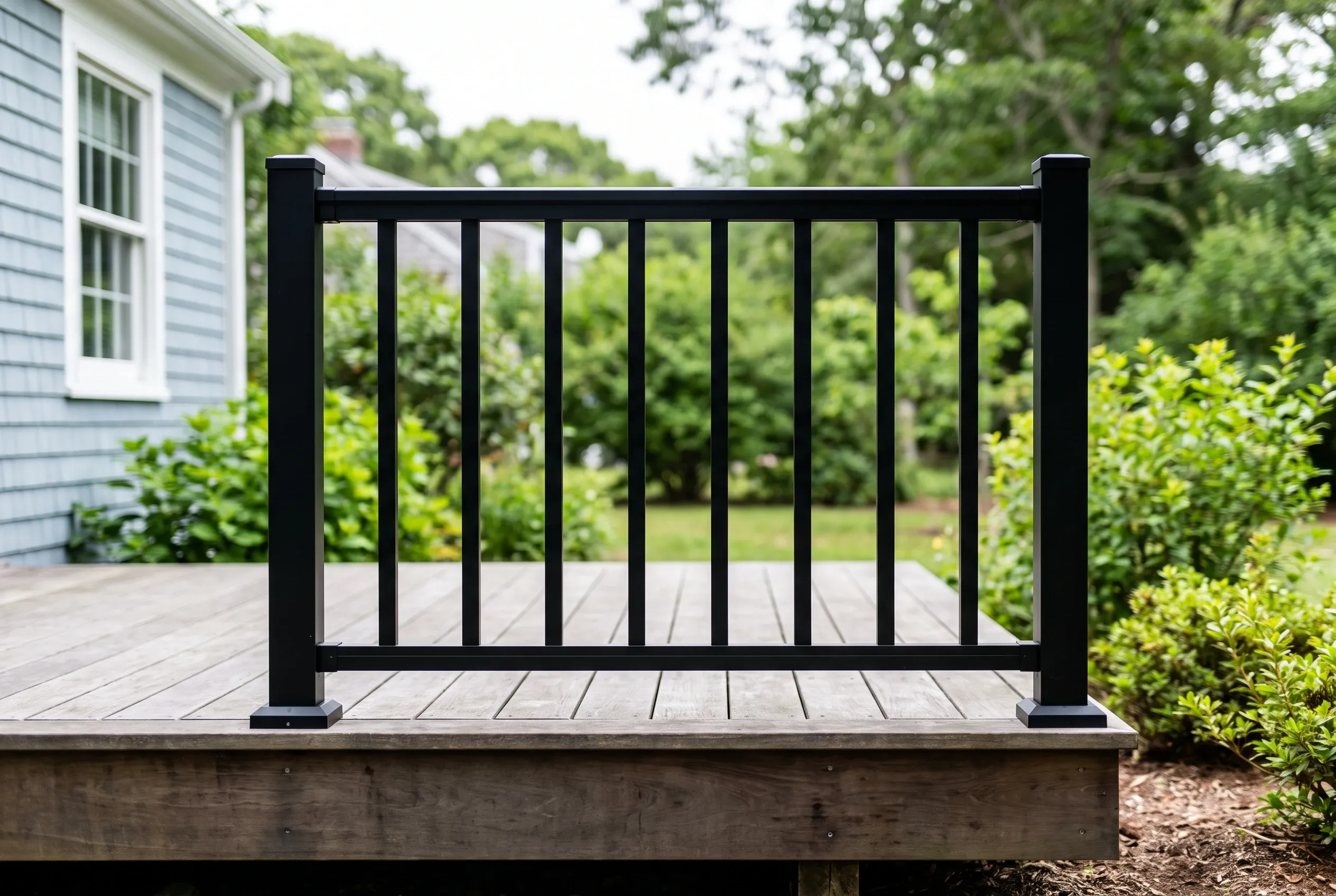 Black metal railing section with vertical balusters on a low weathered wood deck beside a blue house, shrubs and mulch
