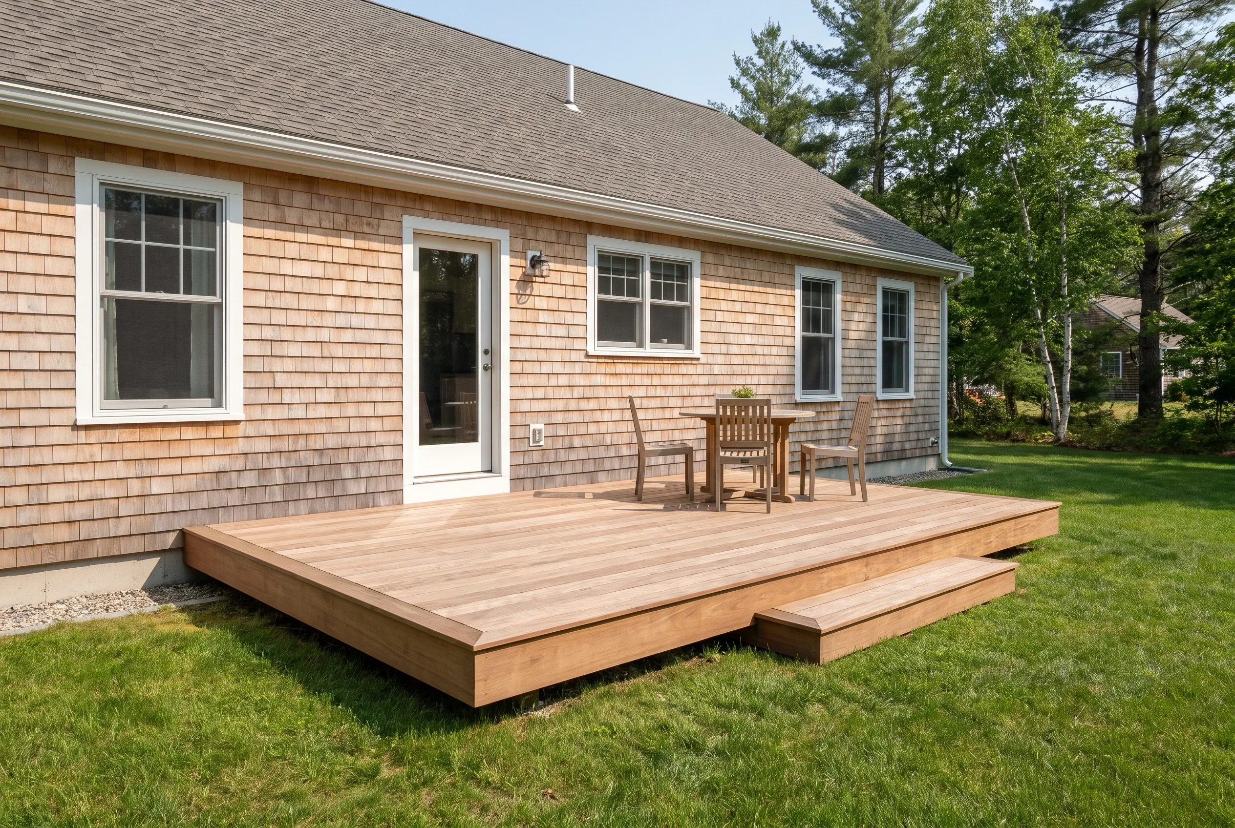 Low wood deck with a single step and an outdoor table with chairs behind a cedar-shingled house