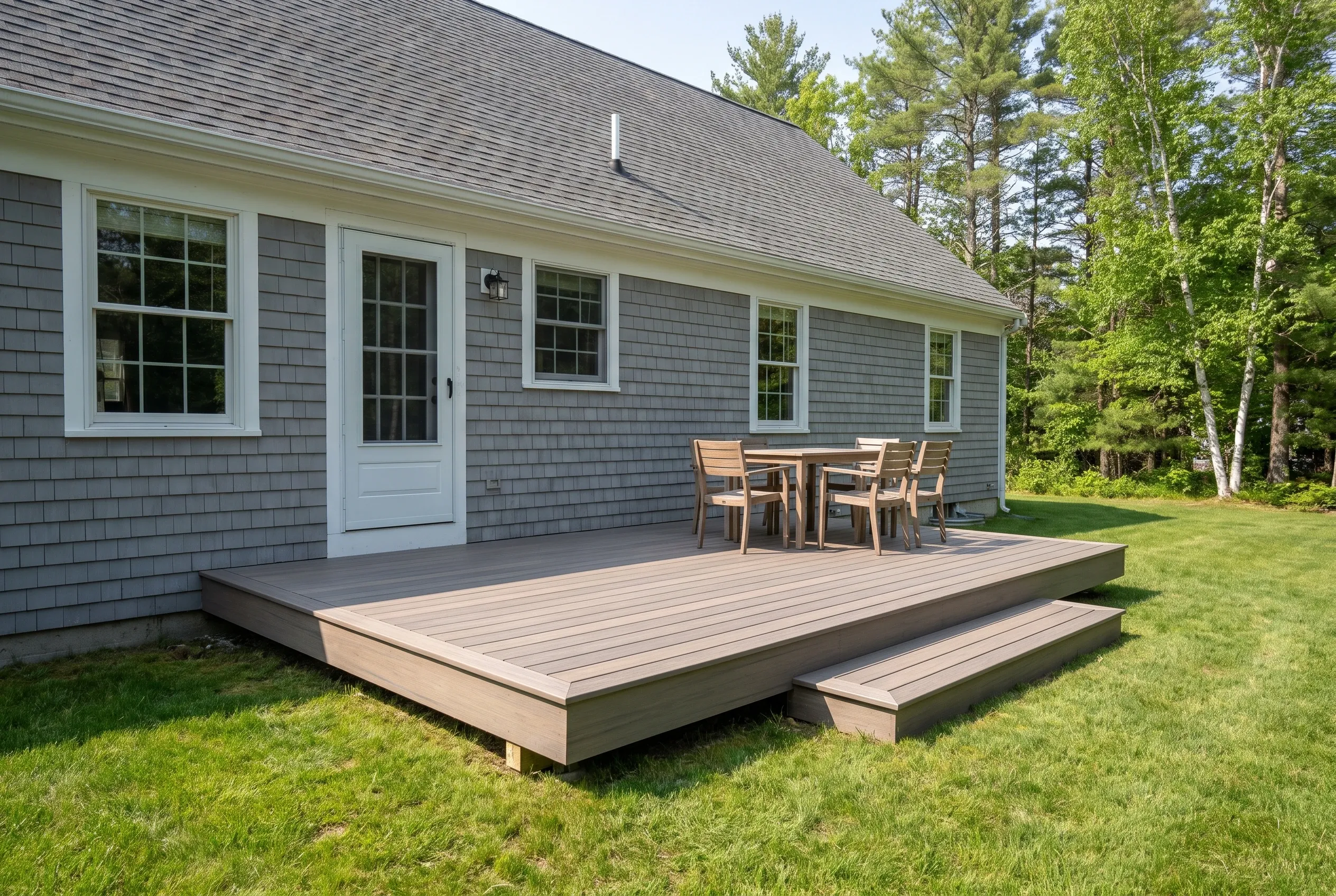 Deck builders in Standish, ME: low gray deck with two-step stair, table, and chairs behind a gray shingled house