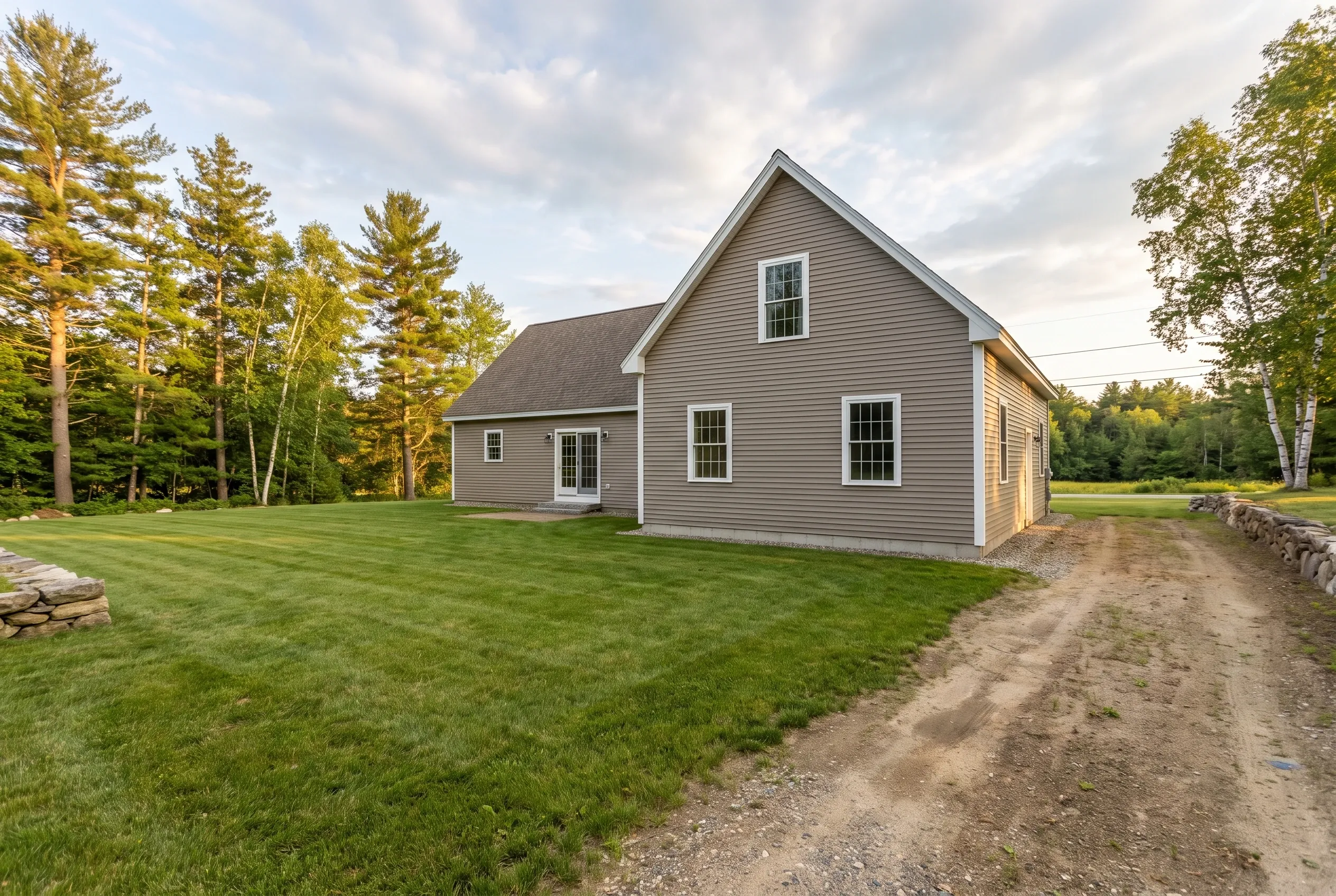 Gray-sided house with a grassy yard, dirt drive, and stone wall, with no deck present, surrounded by pine trees