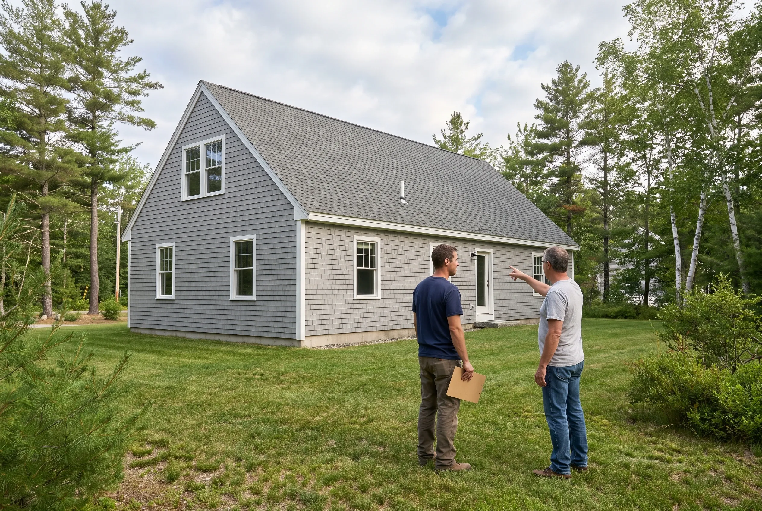 Two people talk in a backyard, one holding a clipboard and the other pointing toward a gray shingled house
