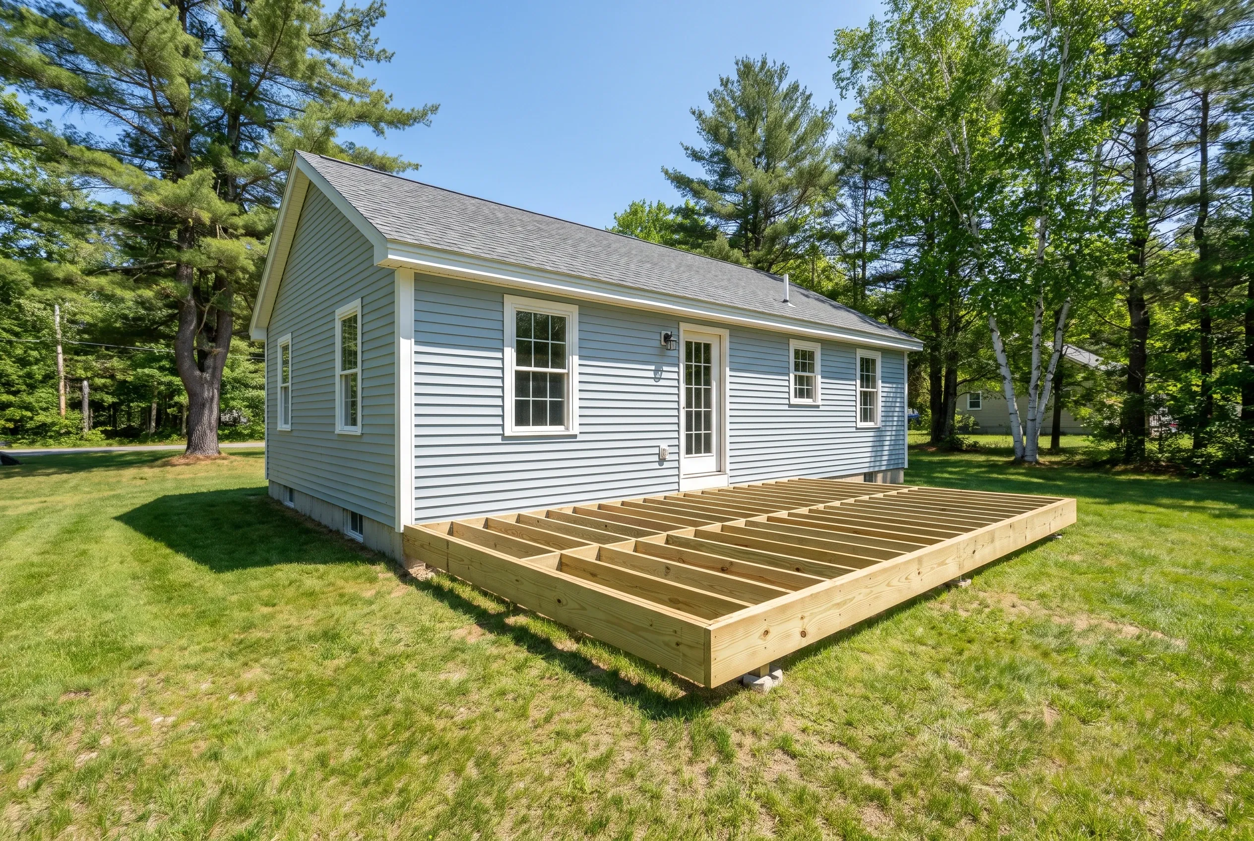 Undecked low deck framing of new lumber joists on a lawn beside a light blue sided house
