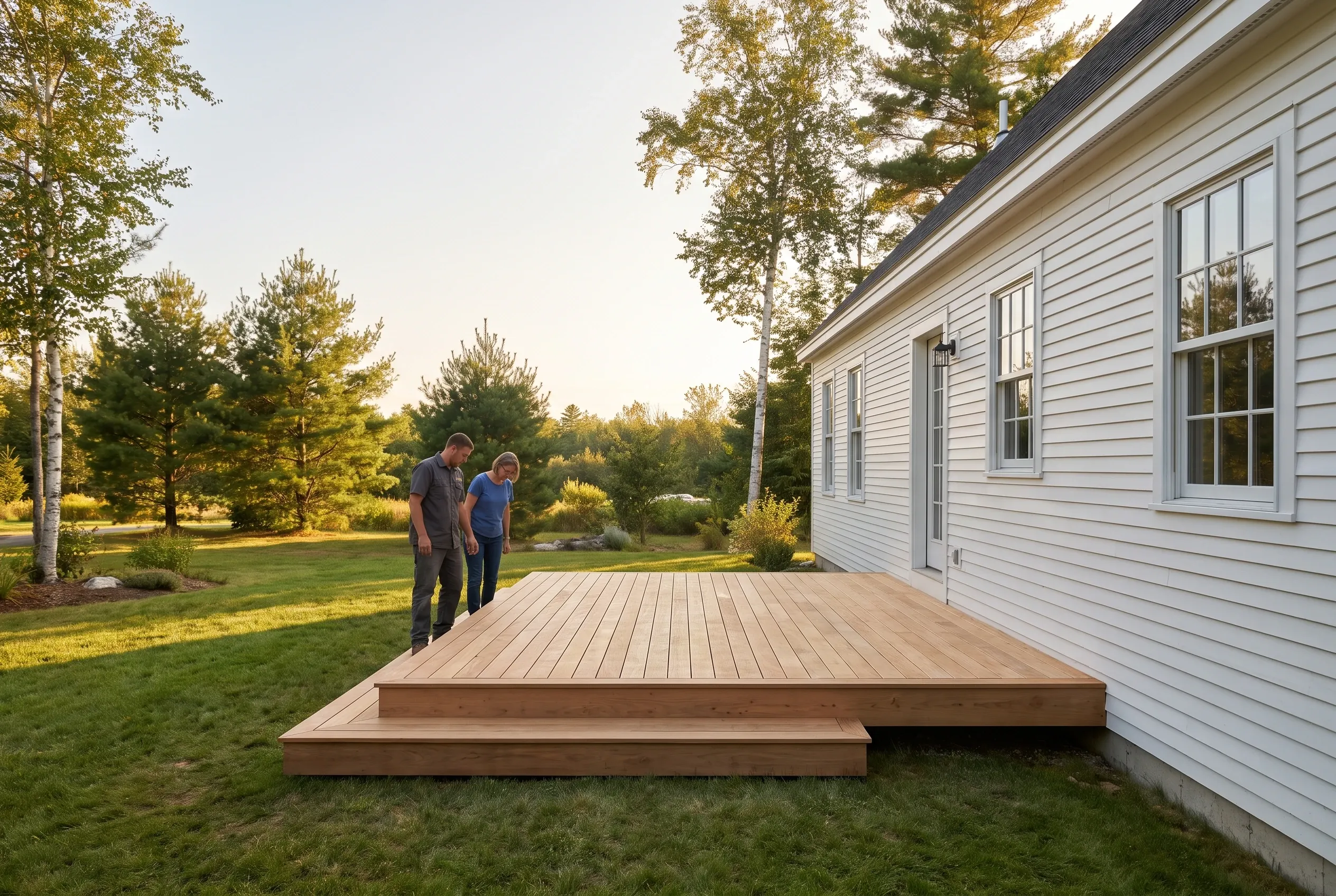 Two people stand on a finished low wood deck with a wide step beside a white sided house at sunset