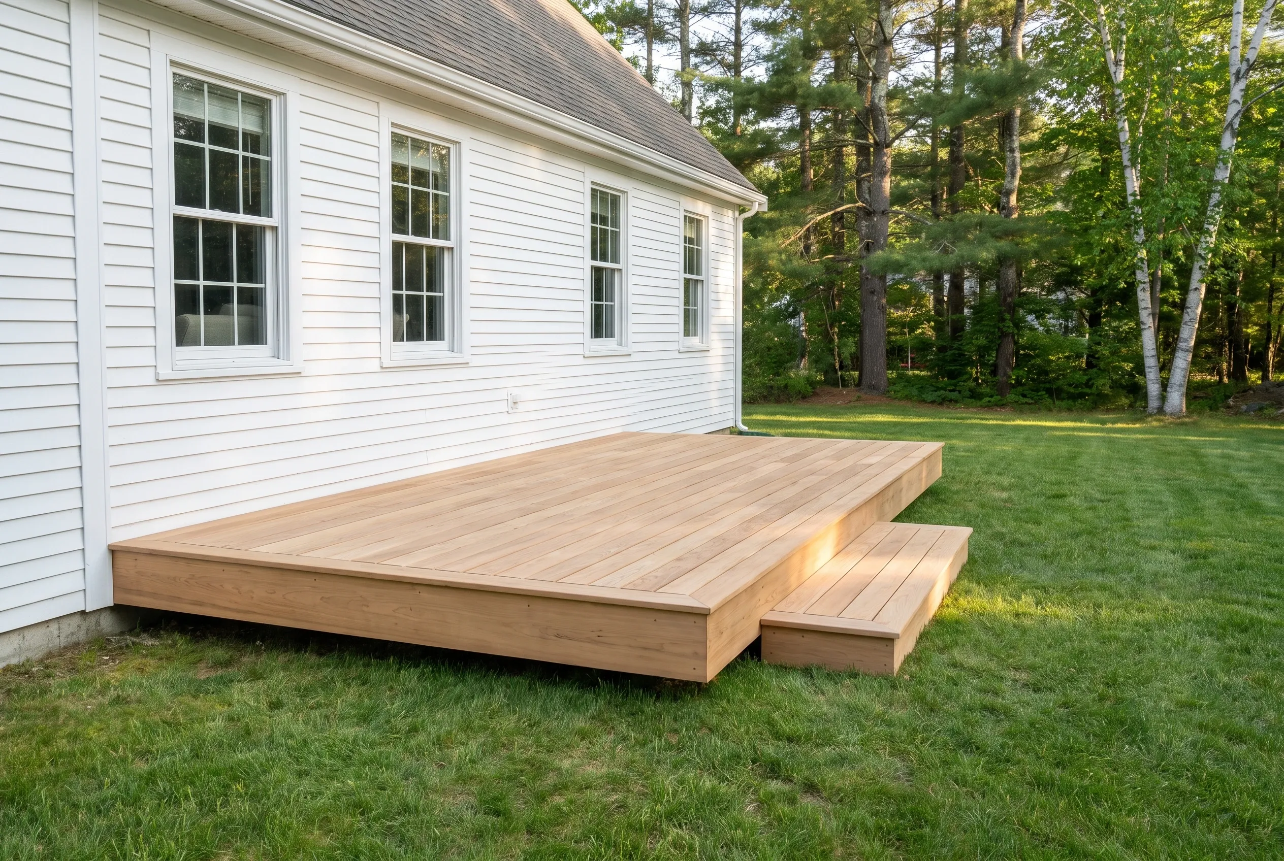 Low light wood deck with a single step beside a white clapboard house, with a lawn and pine trees behind