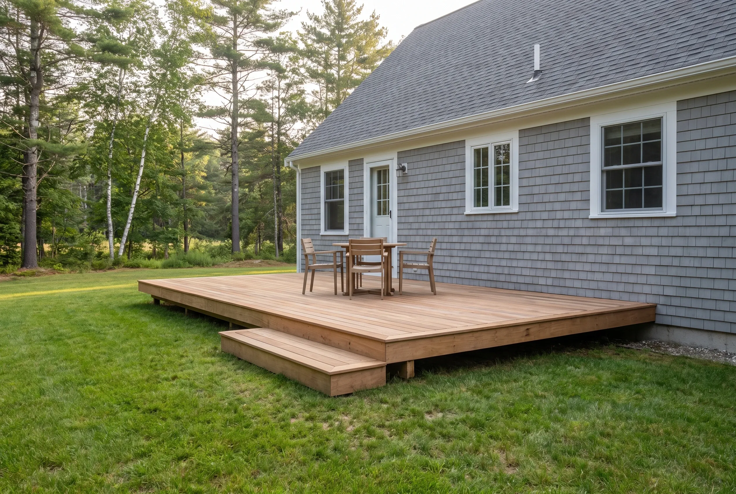 Low wood deck with one wide step and outdoor dining set behind a gray shingle-sided house on a grassy lawn