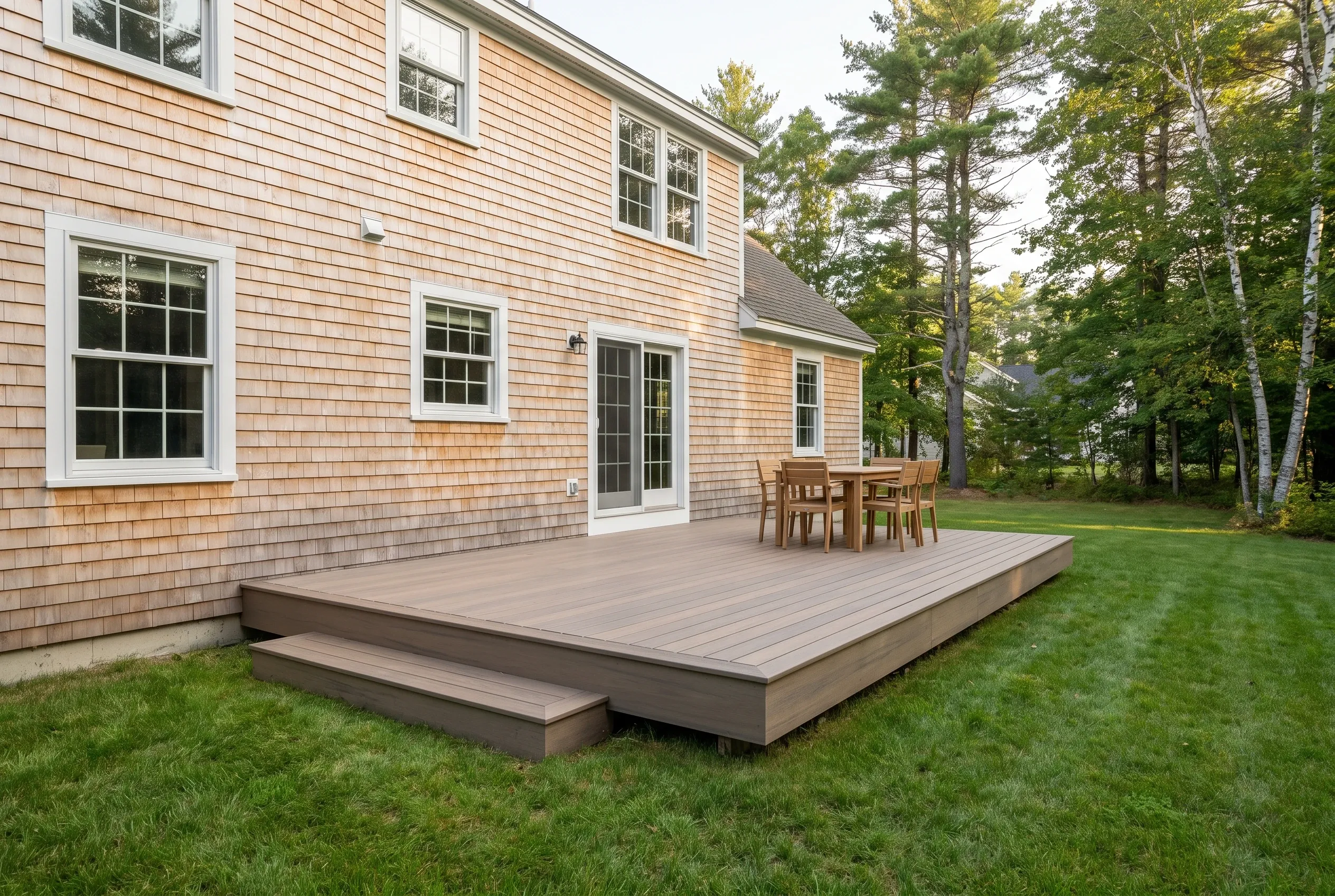 Deck builders in Waterboro, ME: low gray-brown deck with wide step and dining set beside a two-story cedar shingle house