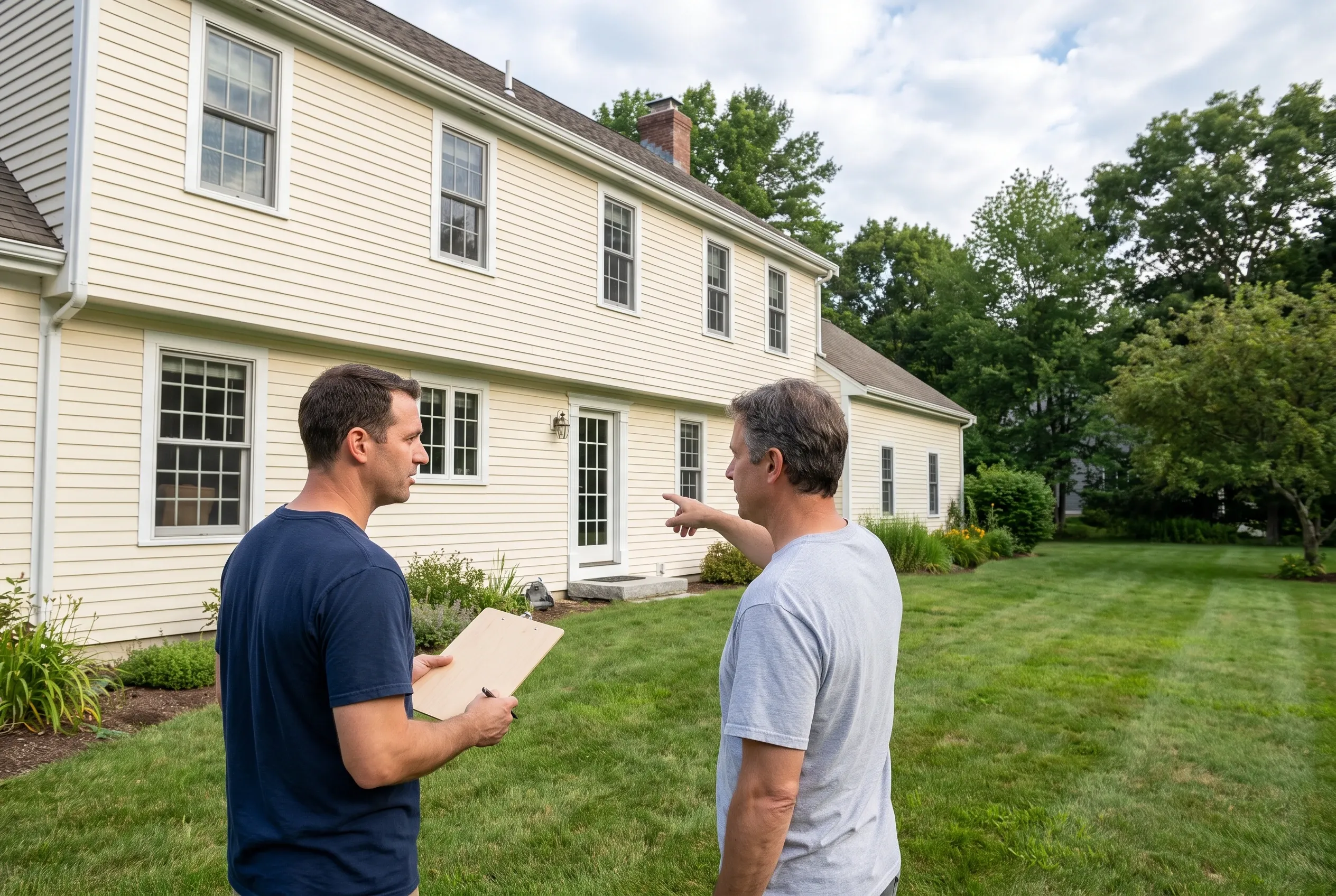 Two men stand on a lawn behind a pale yellow two-story house, one holding a clipboard while the other points