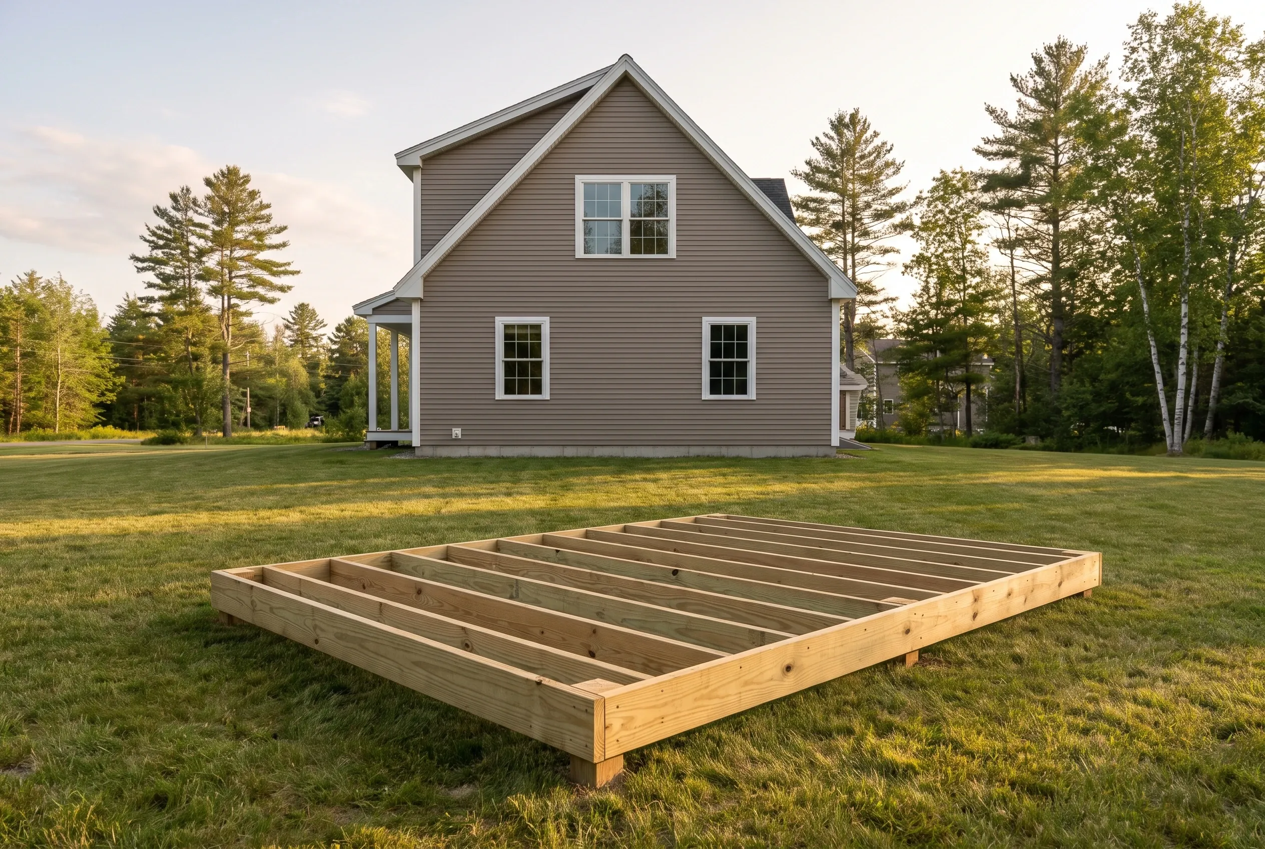 Rectangular wood deck frame with evenly spaced joists and no decking, resting on a lawn in front of a taupe house